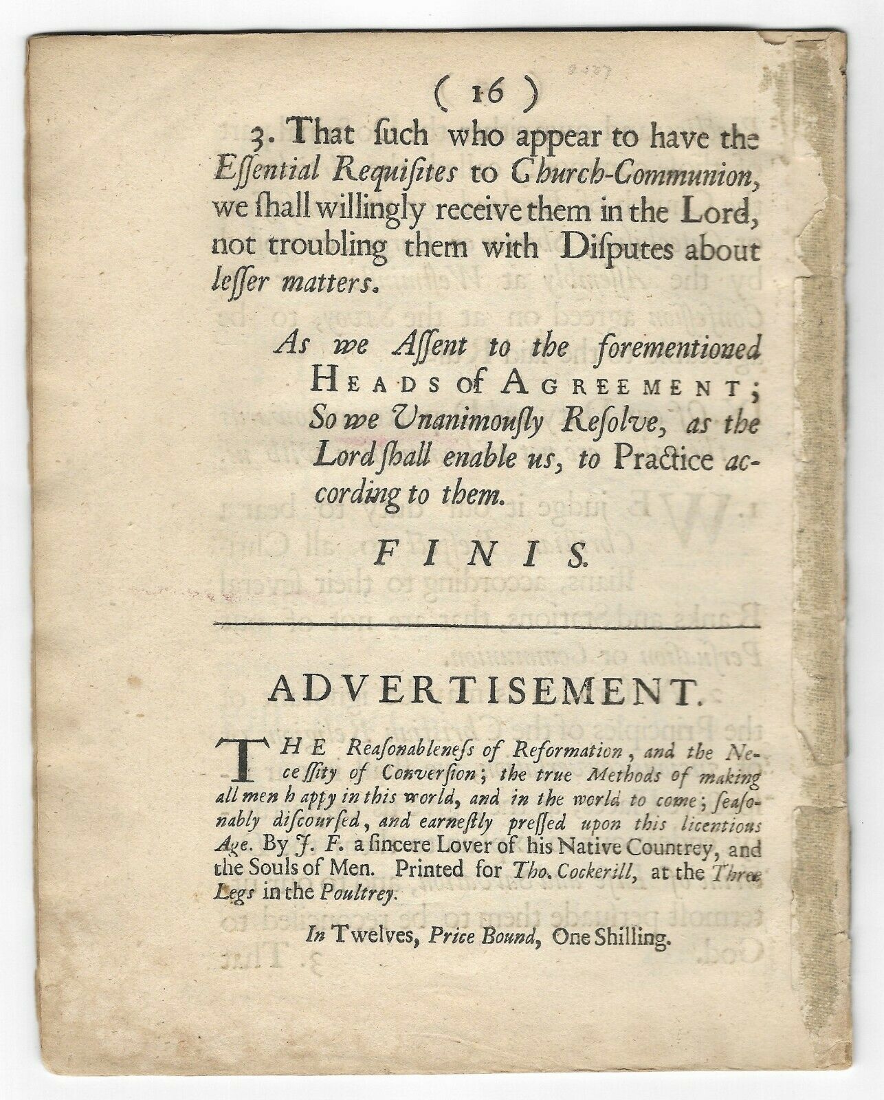 1691 JOHN HOWE. Very Important Document Consolidating Puritan Theology - Influenced Massachusetts Bay Colony