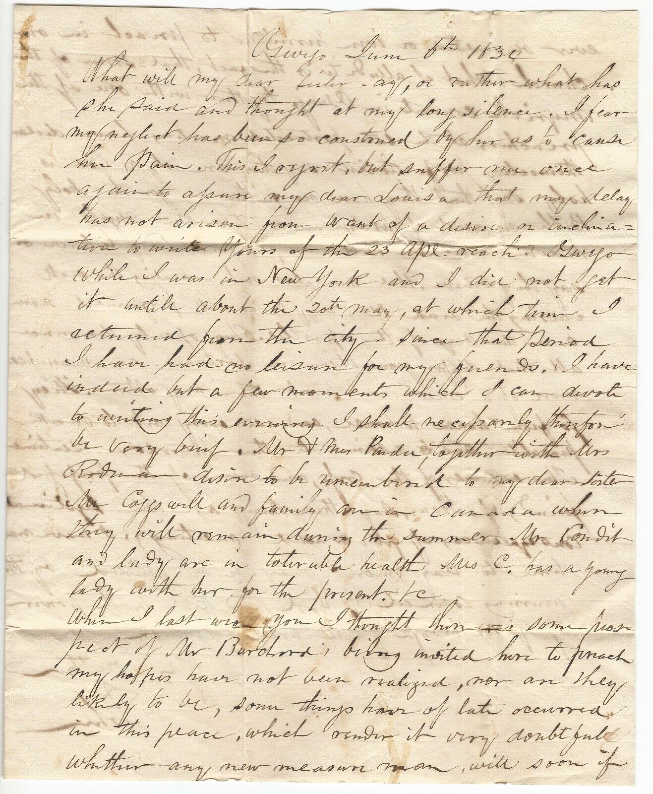 1834 JEDIDIAH BURCHARD. Very Rare Second Great Awakening Primary Content Letter. Divine Healing, etc.