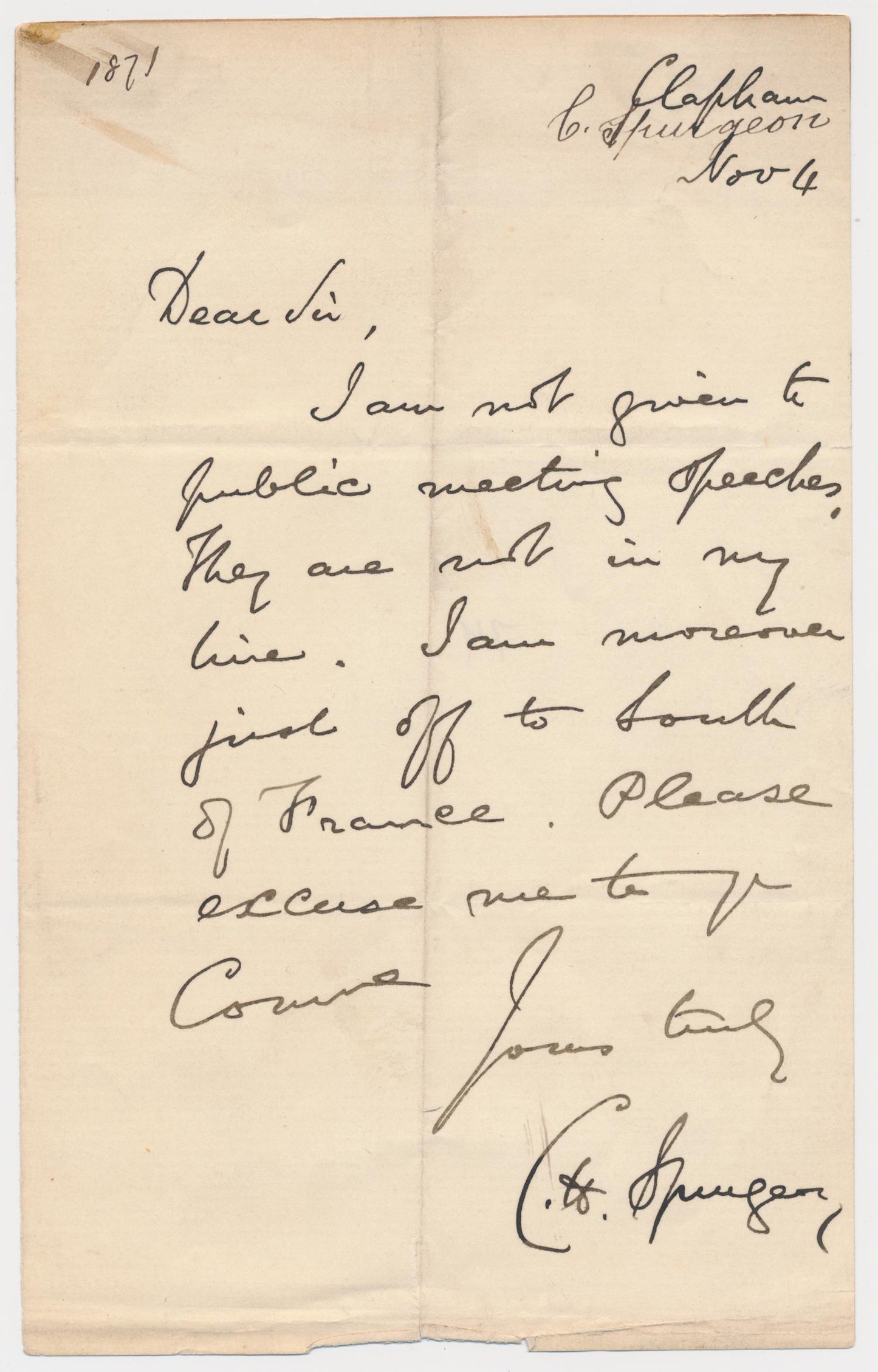1888 C. H. SPURGEON. Autograph Letter from the Prince of Preachers. Can't Preach, Time to Relax in France!
