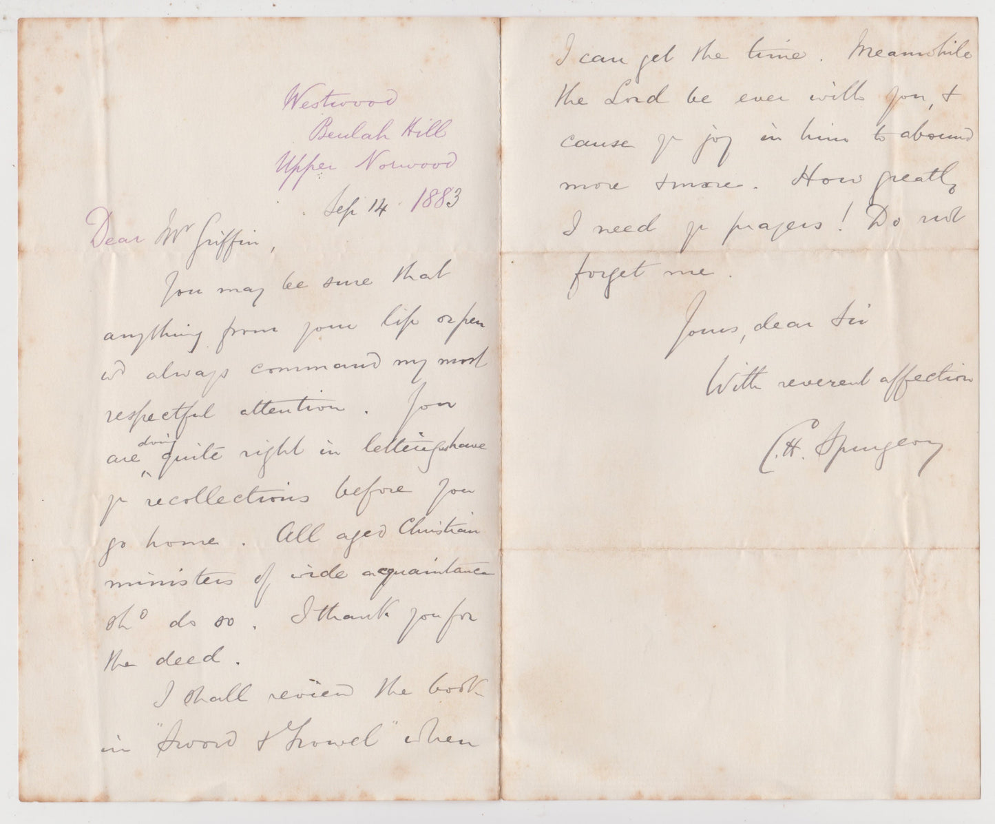 1883 C. H. SPURGEON. Wonderful 2pp ALS Begging His Friend to Pray, "Do Not Forget Me!"