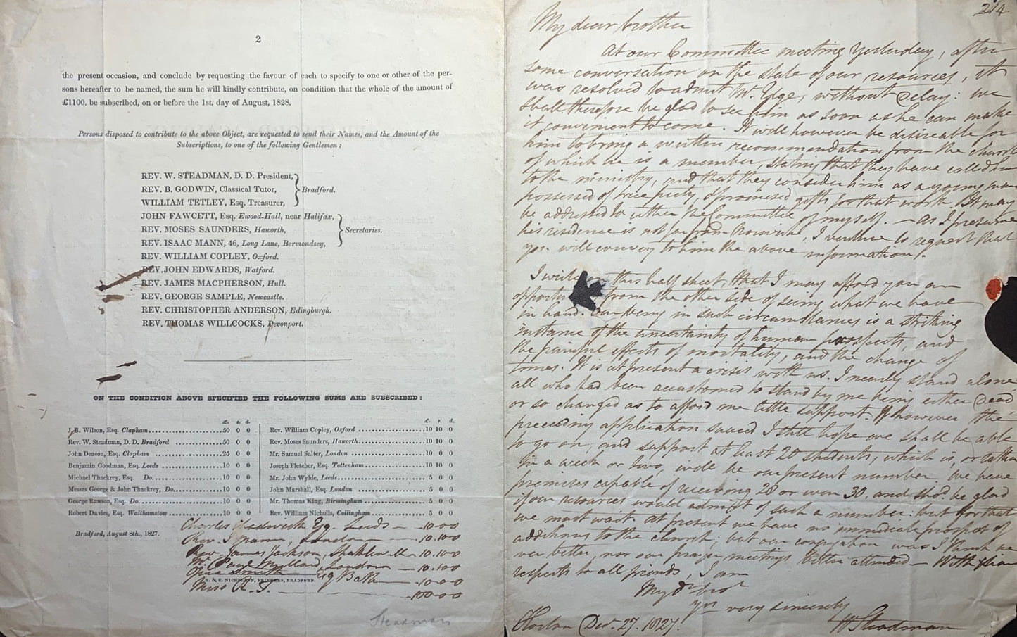 1827 PRIMITIVE BAPTIST. Important Prospectus & Letter Between Steadman & Kinghorn, Baptist Educators and William Carey Friends!
