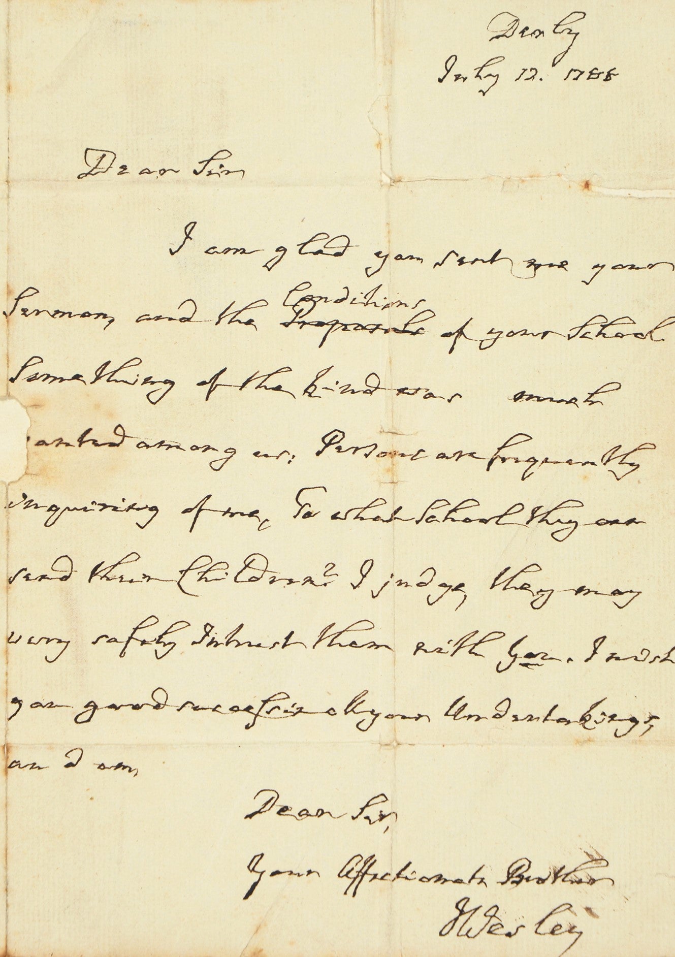 1788 JOHN WESLEY. An Aged Wesley Writes Regarding the Importance of Christian Education for Children
