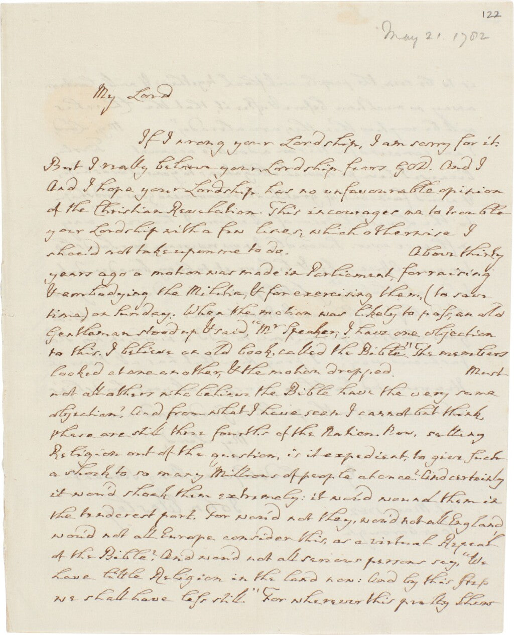 1782 JOHN WESLEY. Fine Autograph Letter Regarding Military Violations of the Sabbath. Excellent Content.