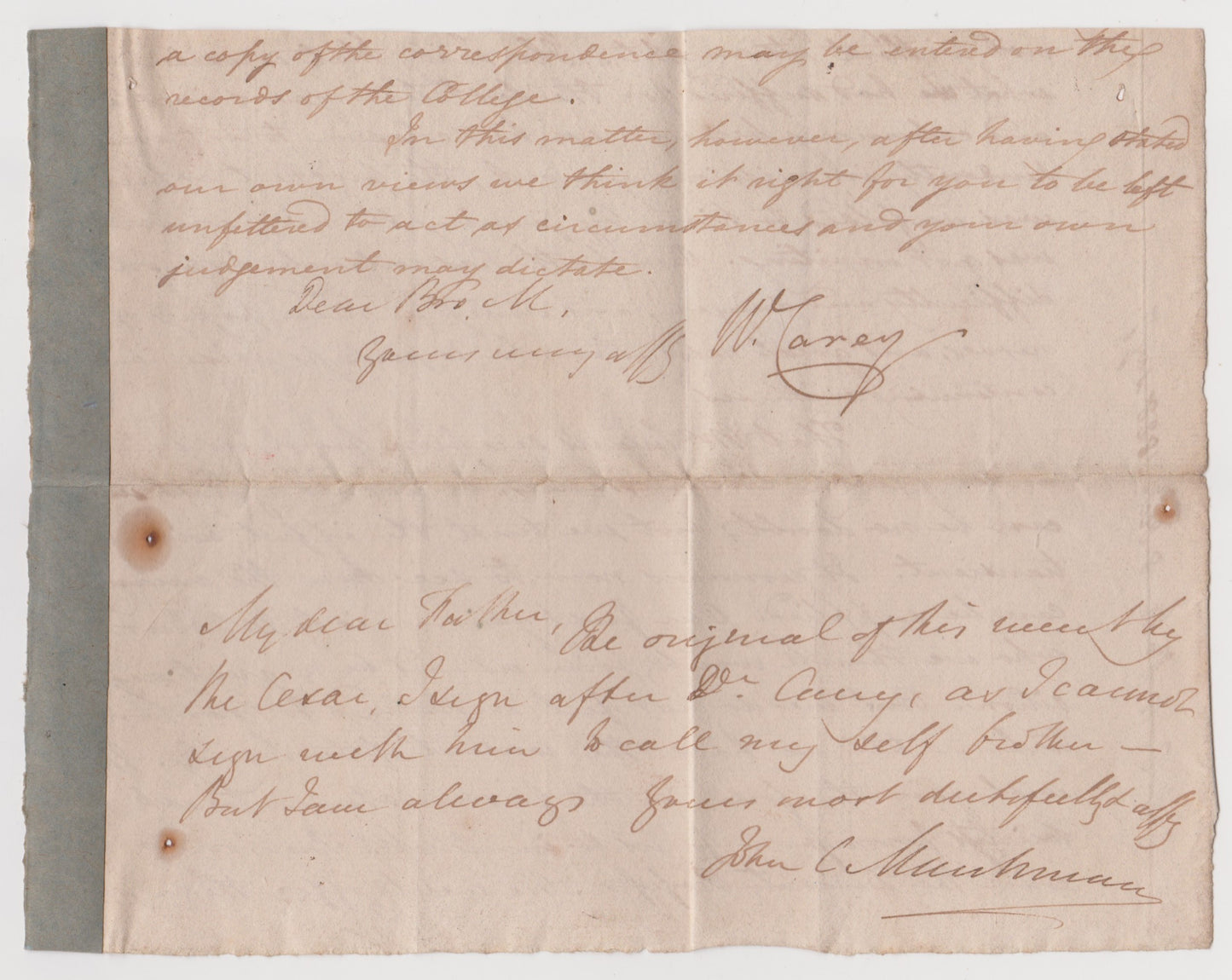 1828 WILLIAM CAREY. Autograph Letter on the Difficulties & Dangers of Their Method of Missionary Work