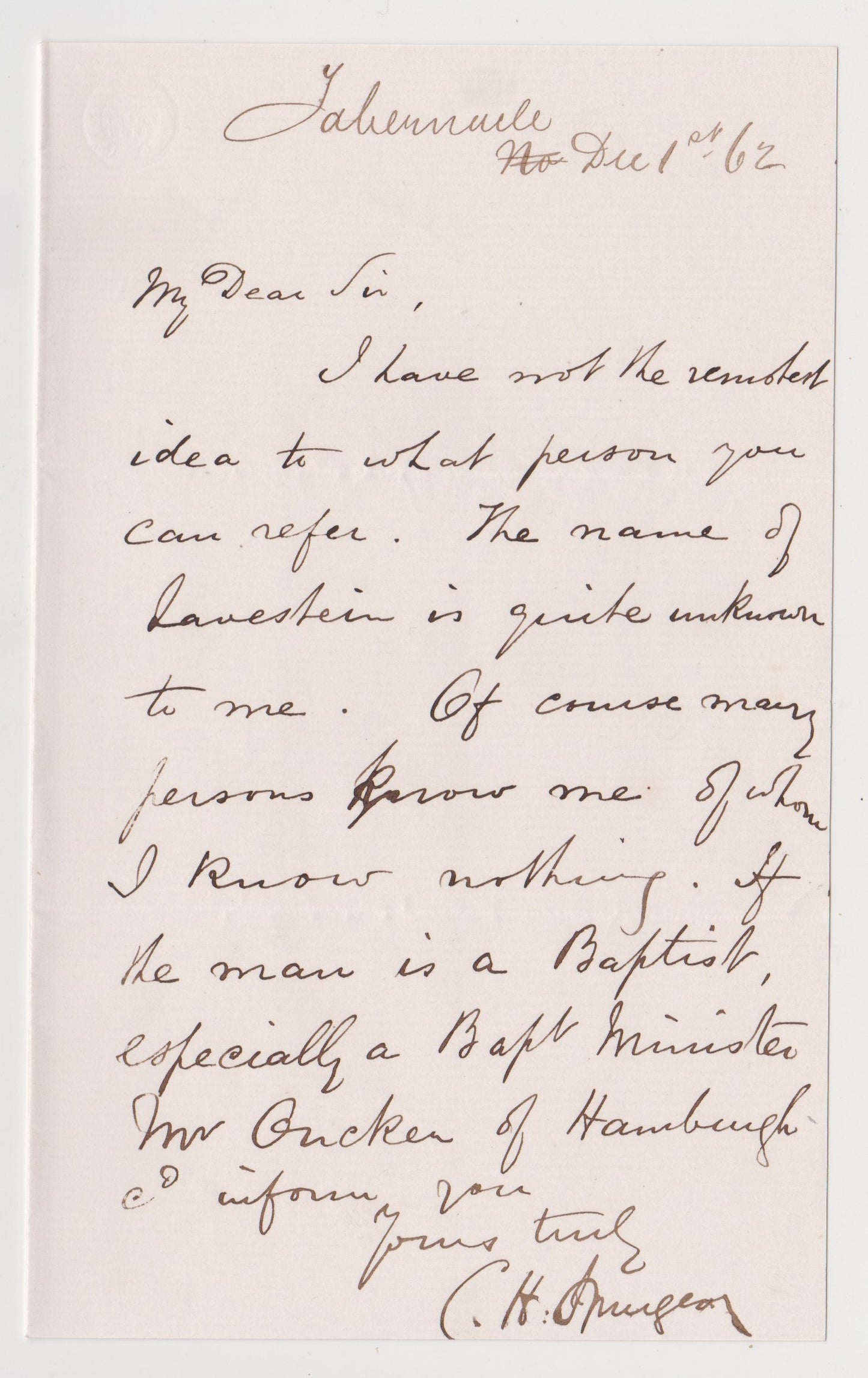 1862 C. H. SPURGEON. Very Early Autograph Letter Reflecting 6"Spurgeon Problems."