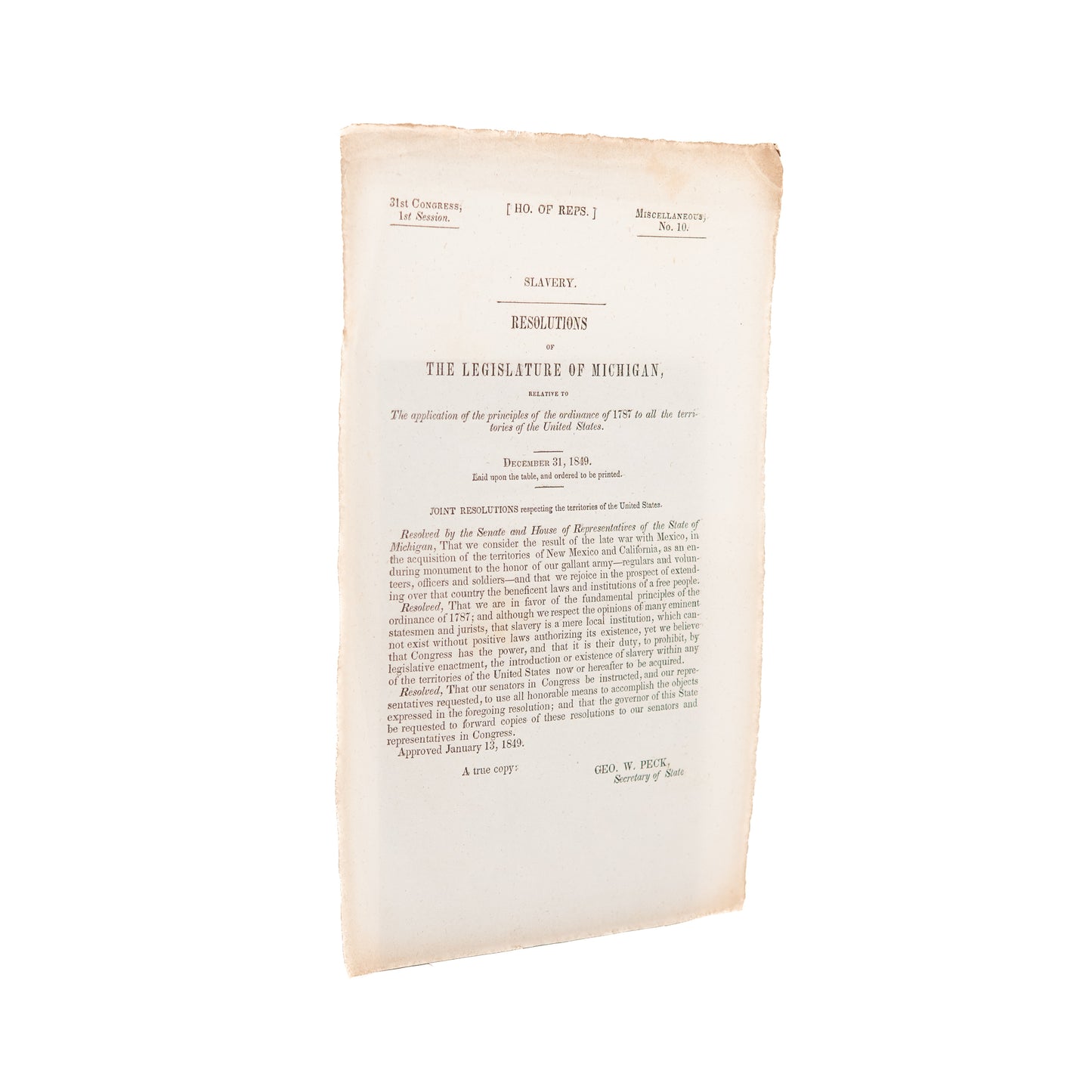 1849 MICHIGAN - SLAVERY. Michigan Formally Joins Calls Against Westward Expansion of Slavery.