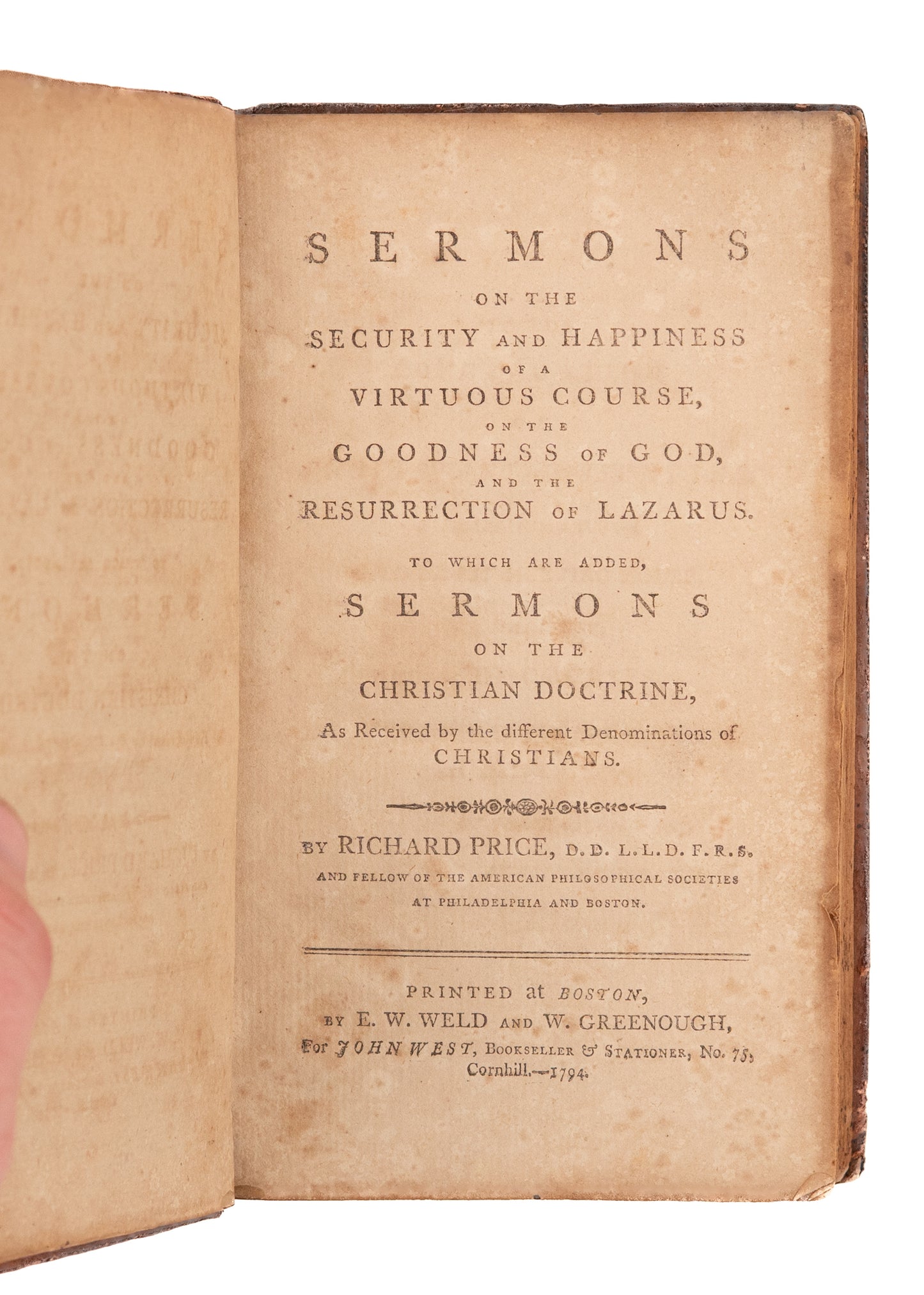 1794 RICHARD PRICE. Sermons on Christian Virtue - Friend of George Washington, John Adams, Thomas Jefferson.