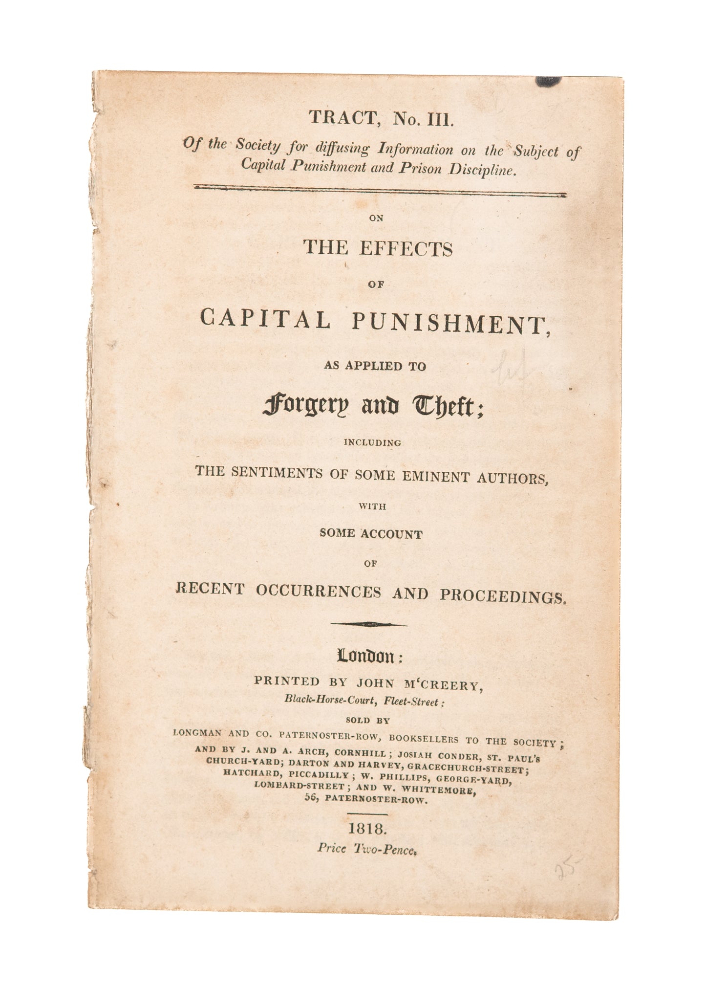 1818 CAPITAL PUNISHMENT. Capital Punishment as Applied to Forgers and Thieves.