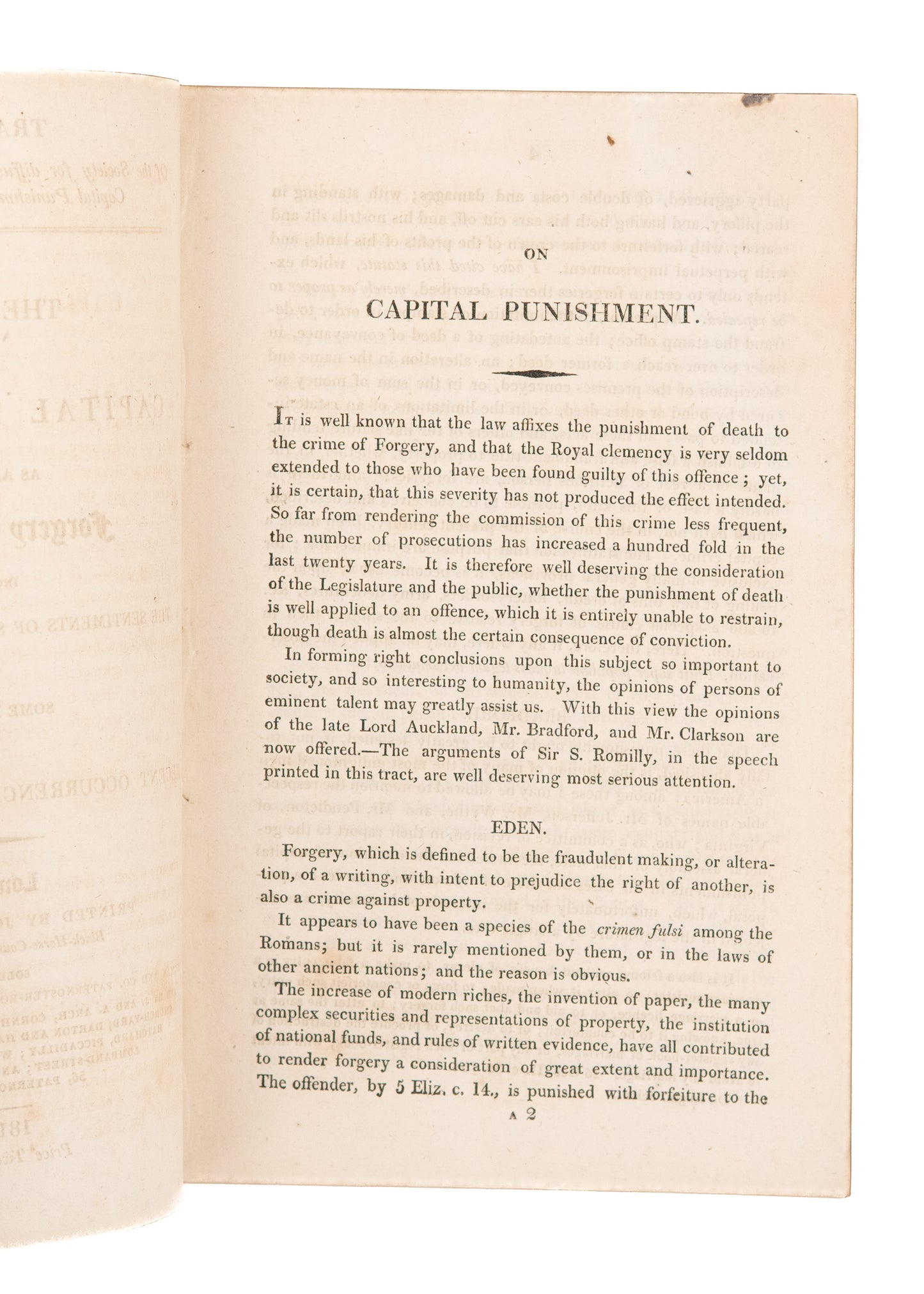 1818 CAPITAL PUNISHMENT. Capital Punishment as Applied to Forgers and Thieves.