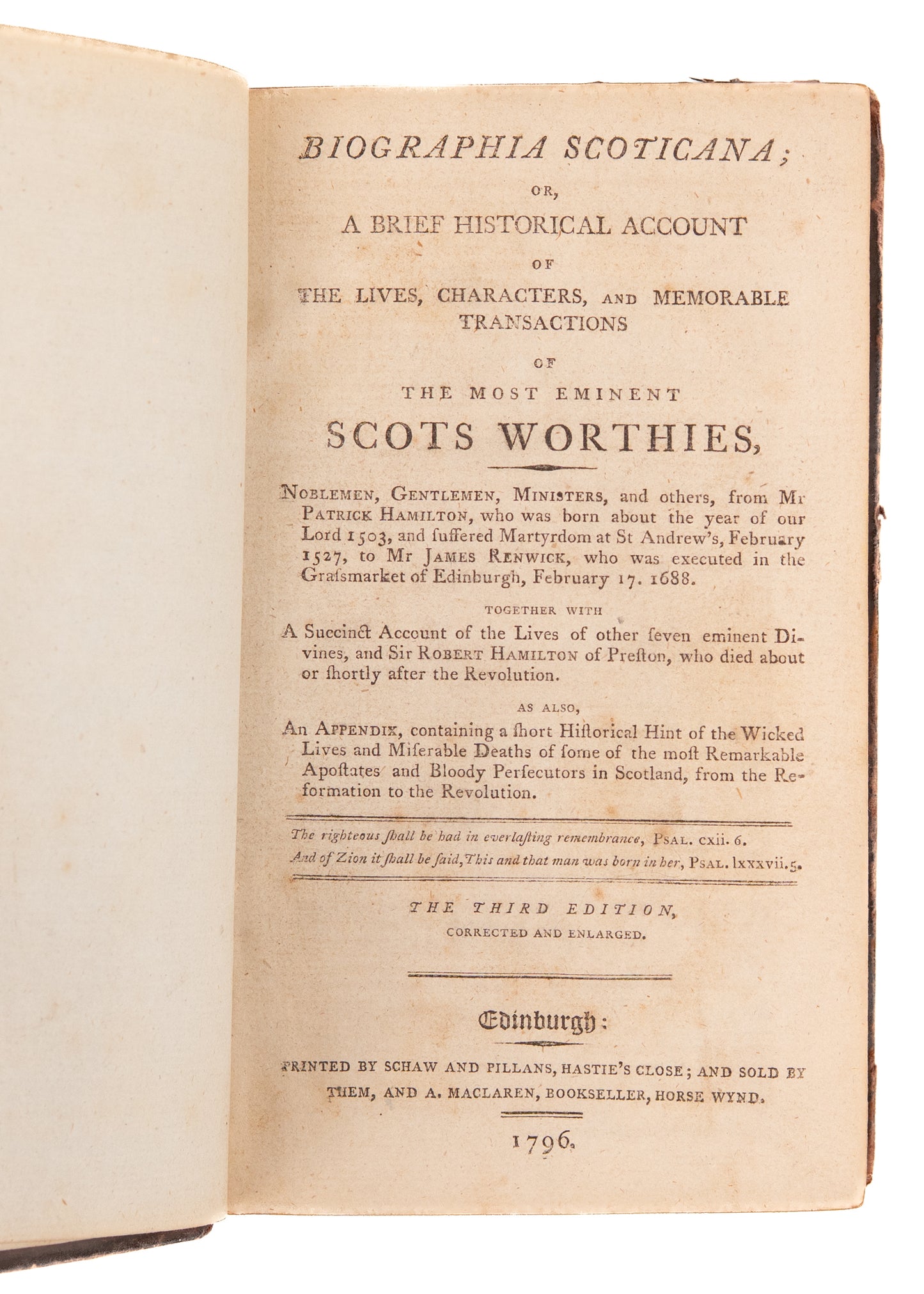 1796 JOHN HOWIE. The Pious Lives and Sufferings of Scottish Martyrs & The Judgment of Their Persecutors.