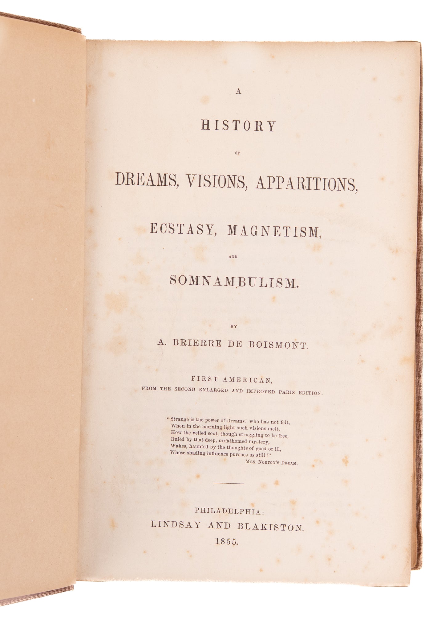 1855 GHOSTS, VISIONS, & DREAMS. Fine First American Edition of de Boismont's History of Paranormal Phenomena.