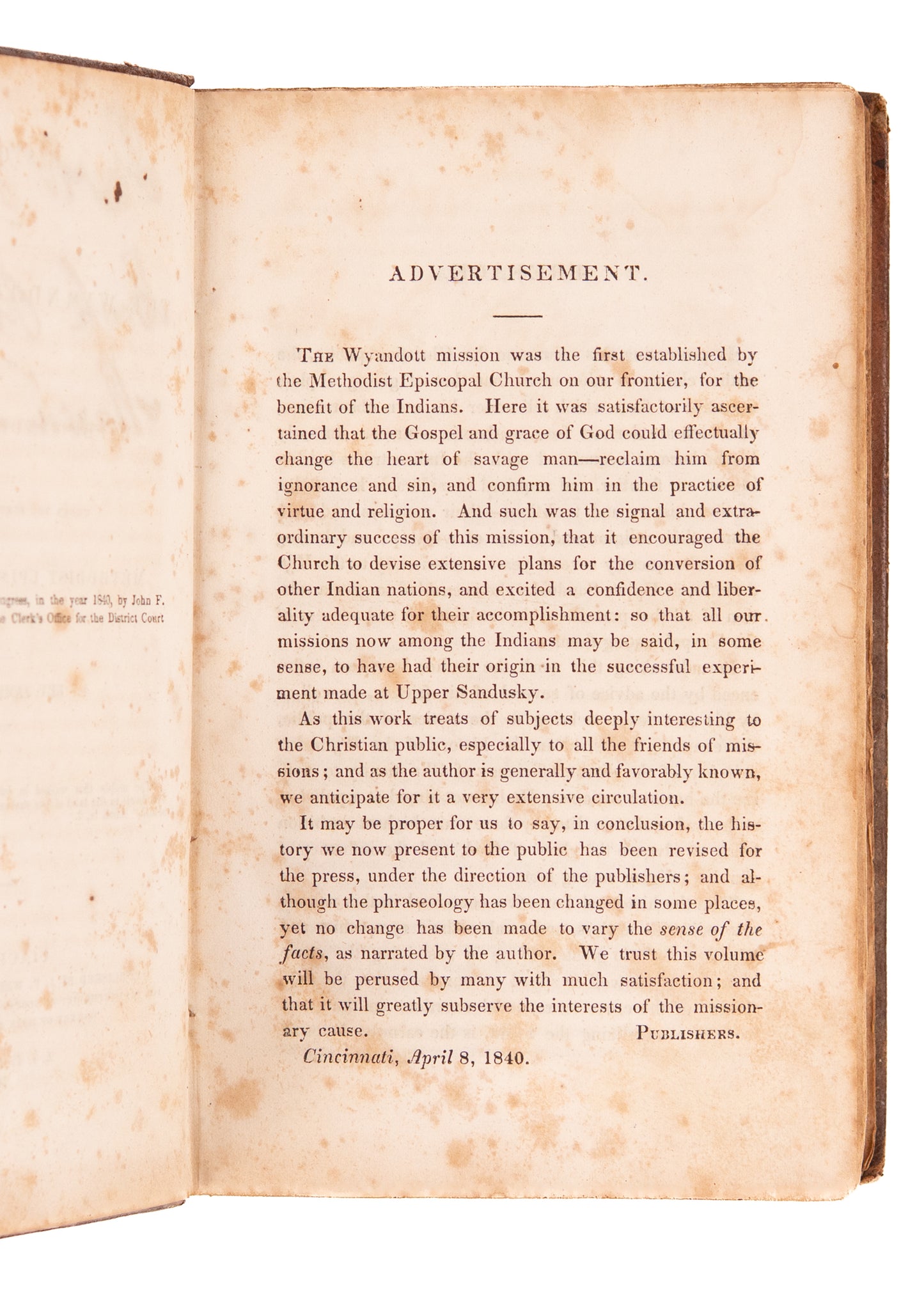 1840 WYANDOTT INDIANS. Narrative of the Mission among Wyandot before the Northern Trail of Tears.