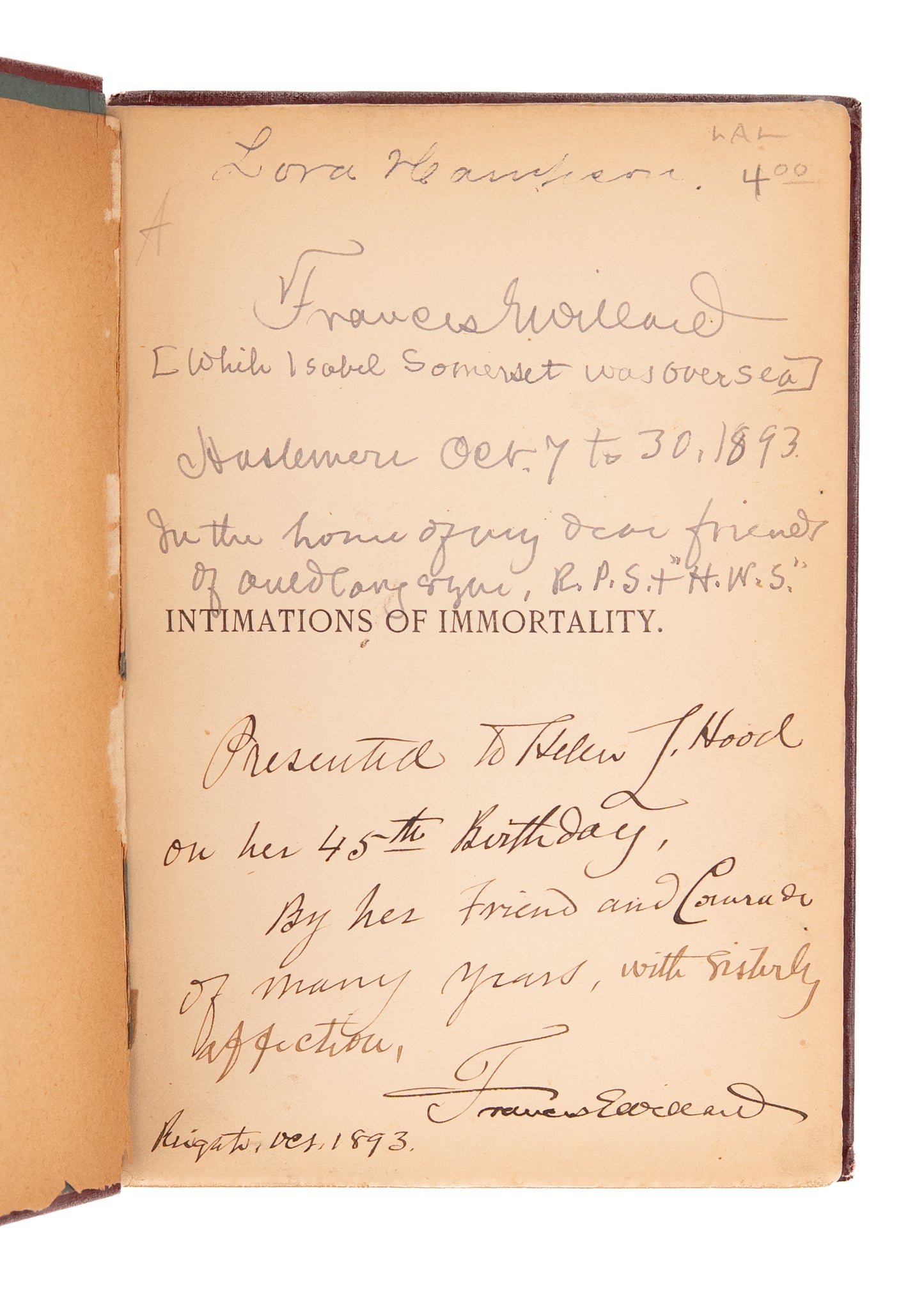 1893 FRANCES WILLARD & HANNAH WHITALL SMITH. Presentation Copy of "Is There a Future Life?"