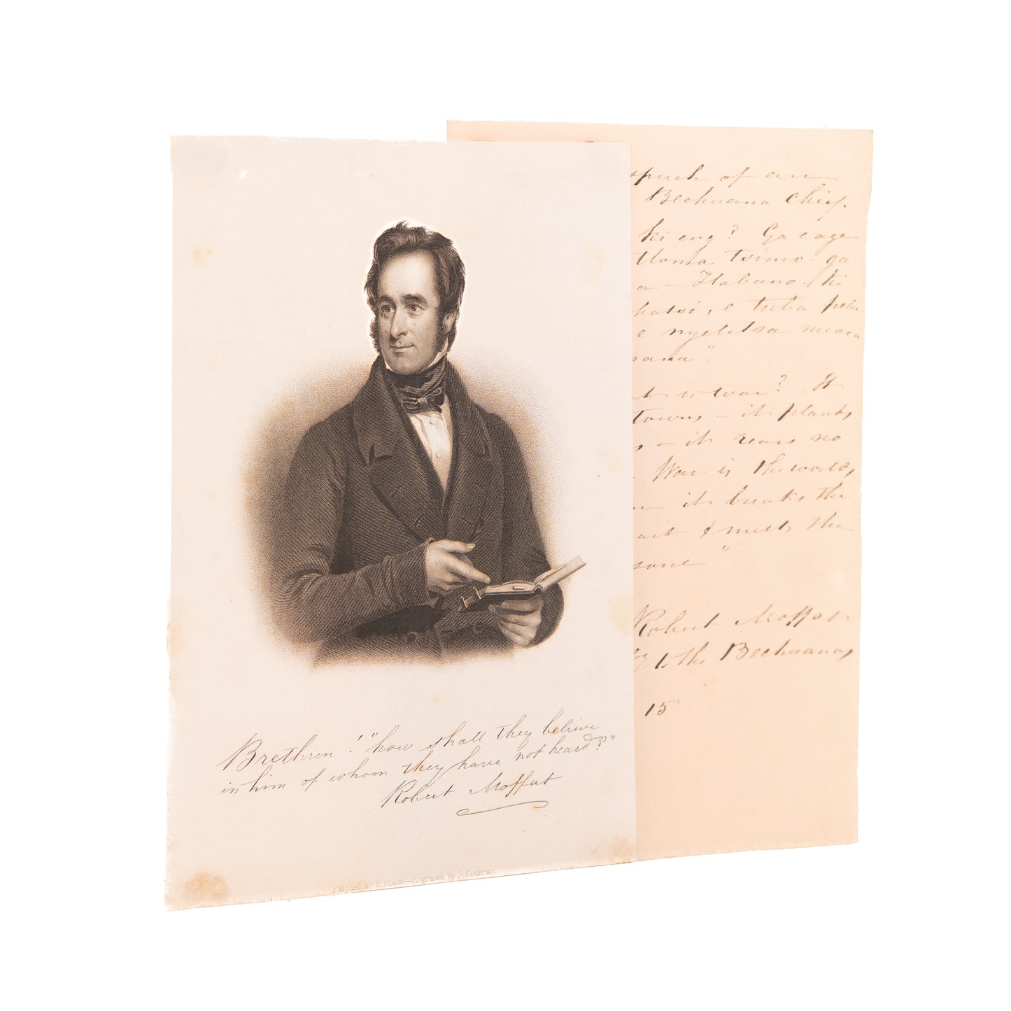 1842 ROBERT MOFFAT. Superb Autograph by Moffat, Quoting Bechuana King on the Evils of War, Oppression, and Slavery.