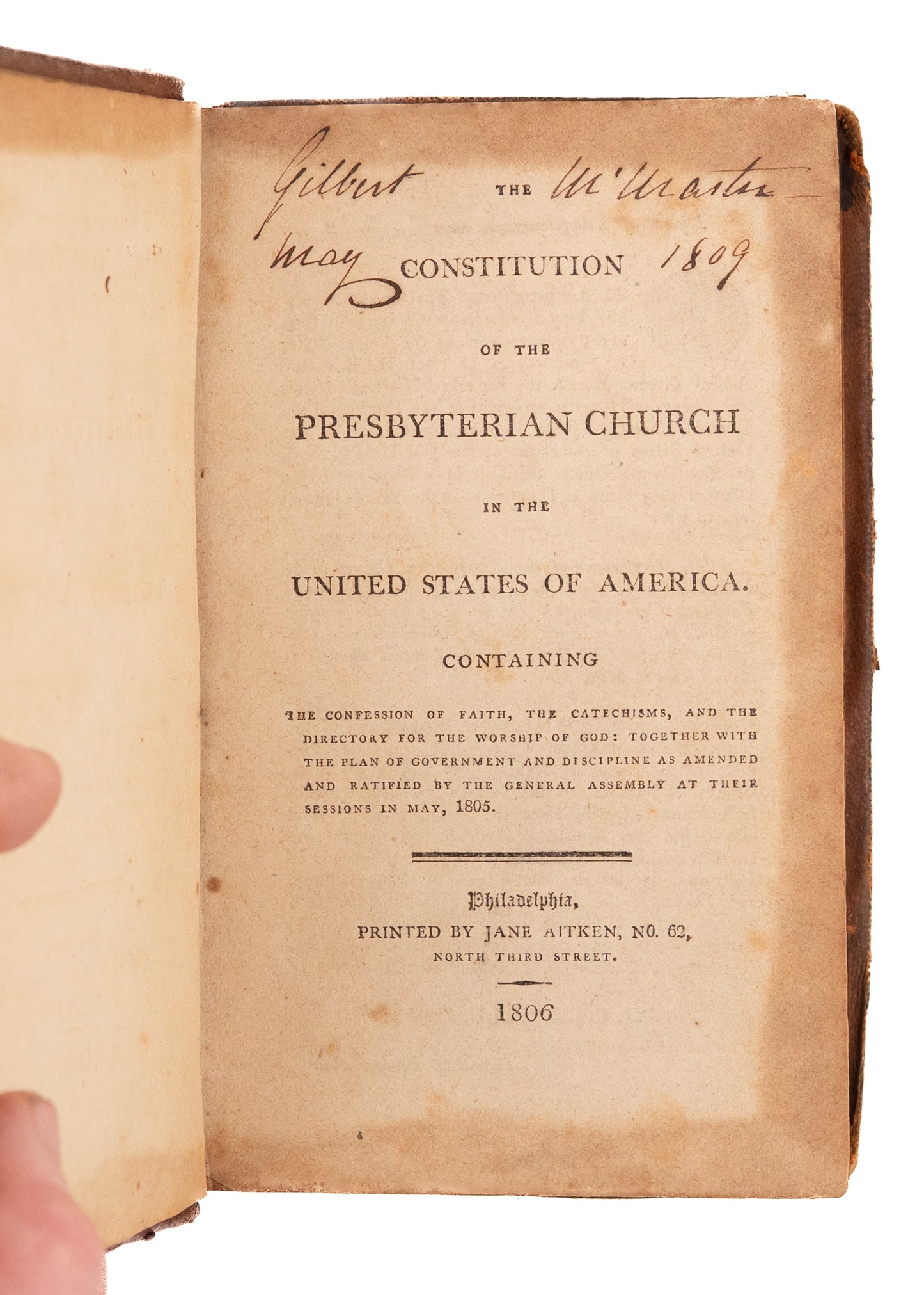 1806 JANE AITKEN IMPRINT. Constitution of the Presbyterian Church with Important MSs Additions.