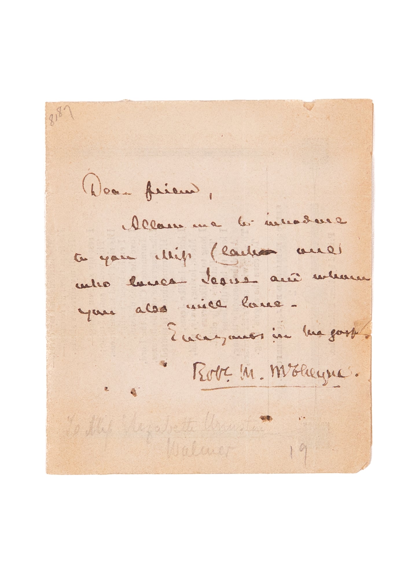 1843 ROBERT MURRAY M'CHEYNE. Rare Original Autograph Letter Written Just Prior to His Death.