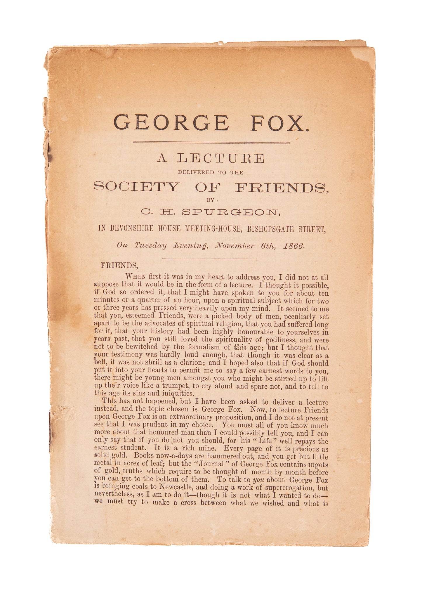 1866 C. H. SPURGEON. Lecture on George Fox before the Society of Friends. Very Rare.