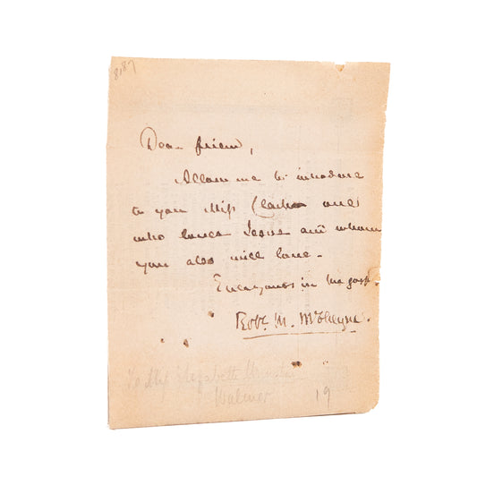 1843 ROBERT MURRAY M'CHEYNE. Rare Original Autograph Letter Written Just Prior to His Death.