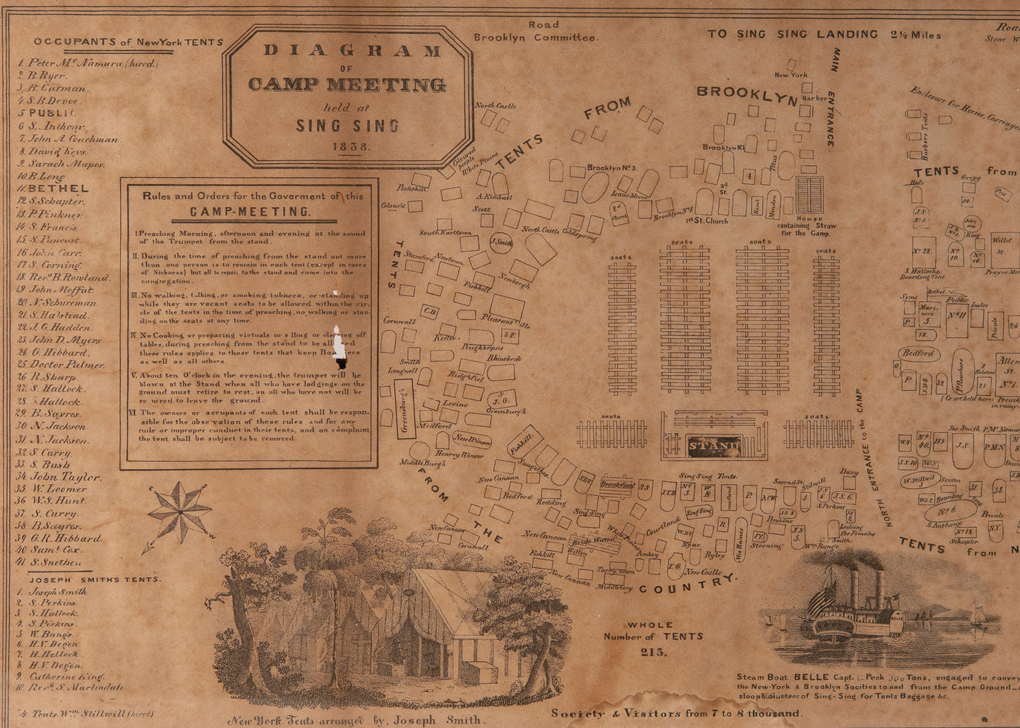1838 SING SING CAMP MEETING. An Irreplaceable Lithograph Camp Layout Used at the 1838 Sing Sing Camp Meeting.