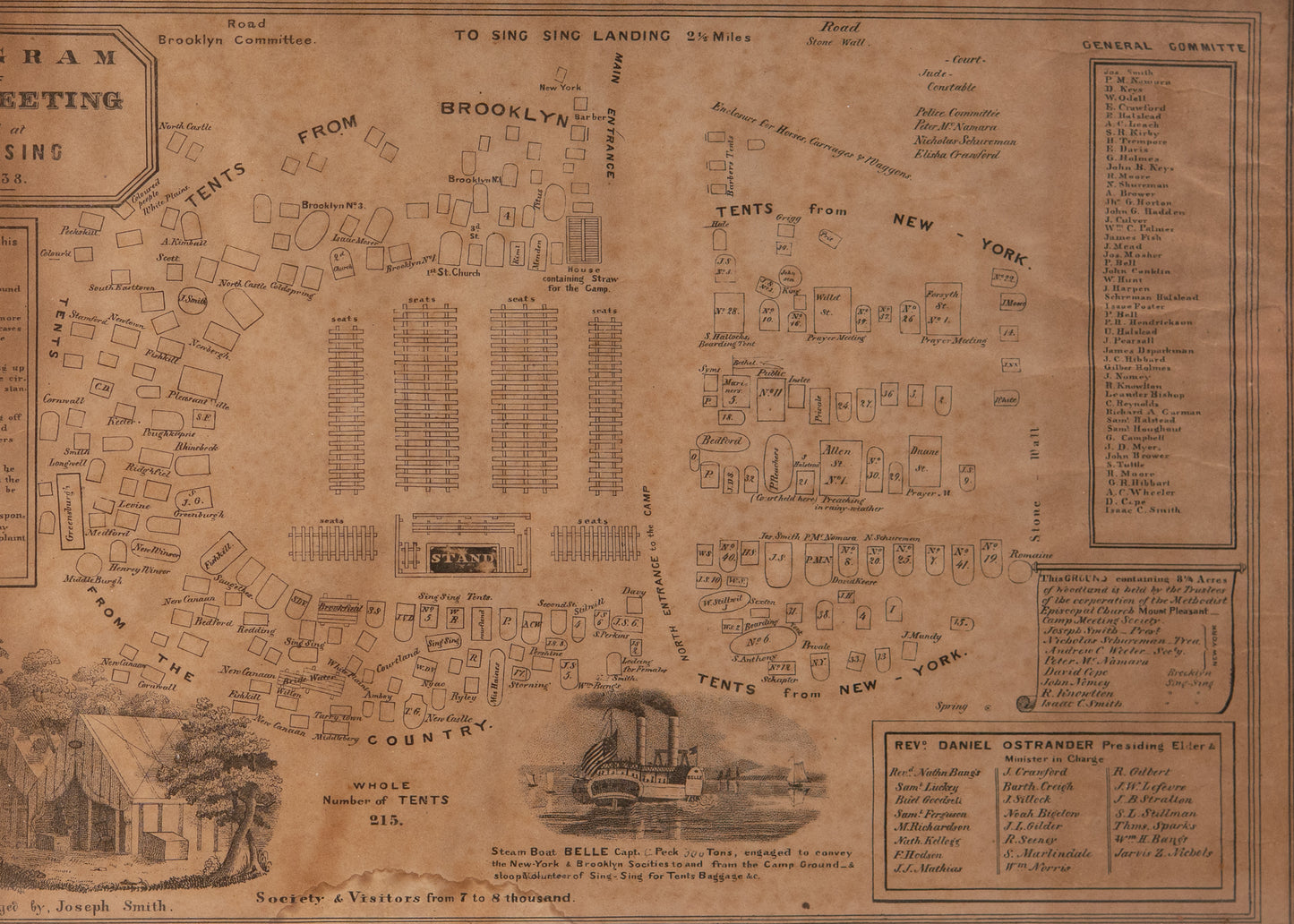 1838 SING SING CAMP MEETING. An Irreplaceable Lithograph Camp Layout Used at the 1838 Sing Sing Camp Meeting.
