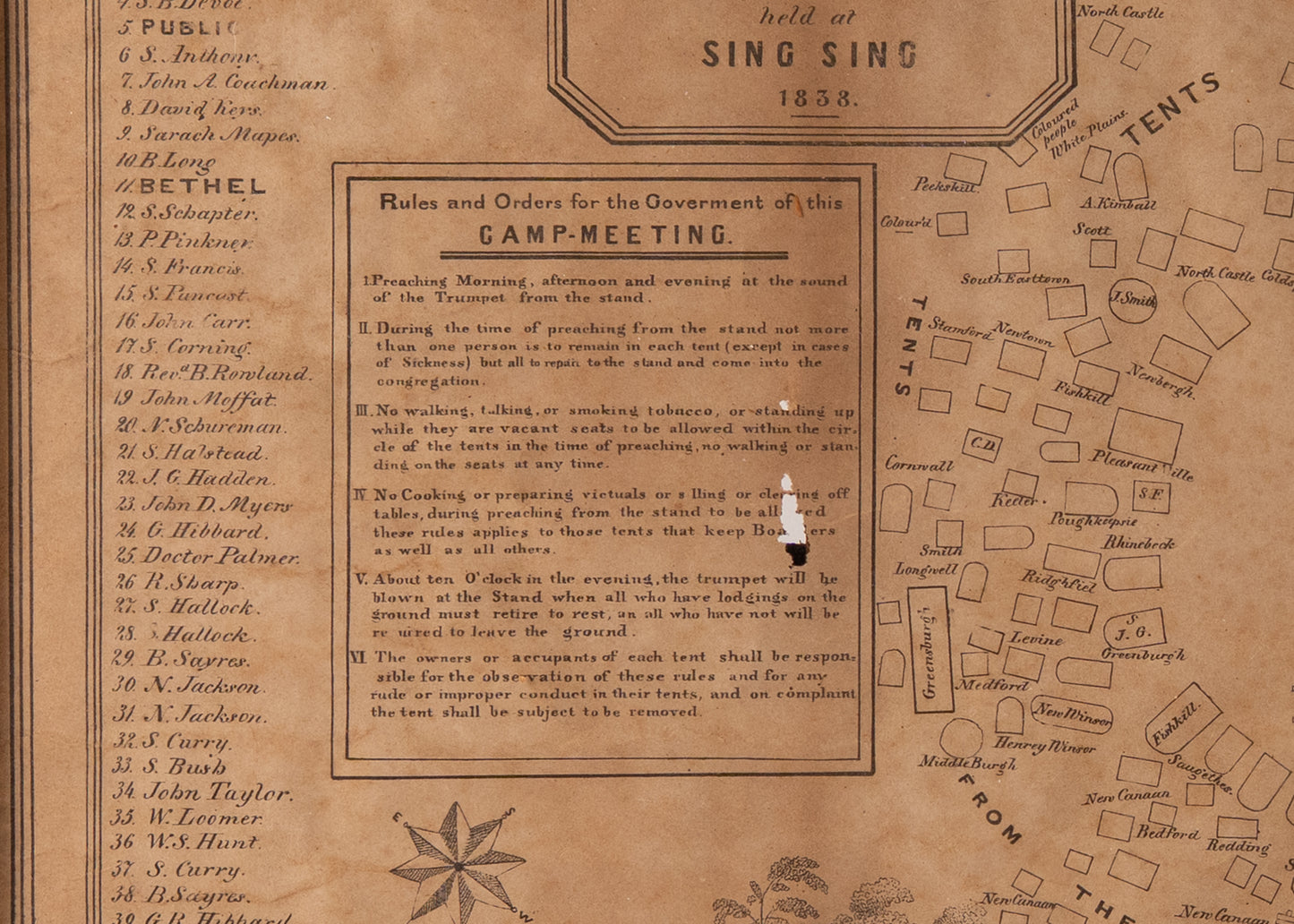 1838 SING SING CAMP MEETING. An Irreplaceable Lithograph Camp Layout Used at the 1838 Sing Sing Camp Meeting.