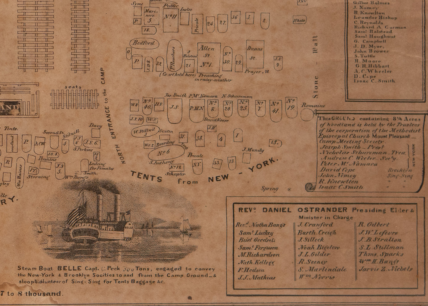 1838 SING SING CAMP MEETING. An Irreplaceable Lithograph Camp Layout Used at the 1838 Sing Sing Camp Meeting.