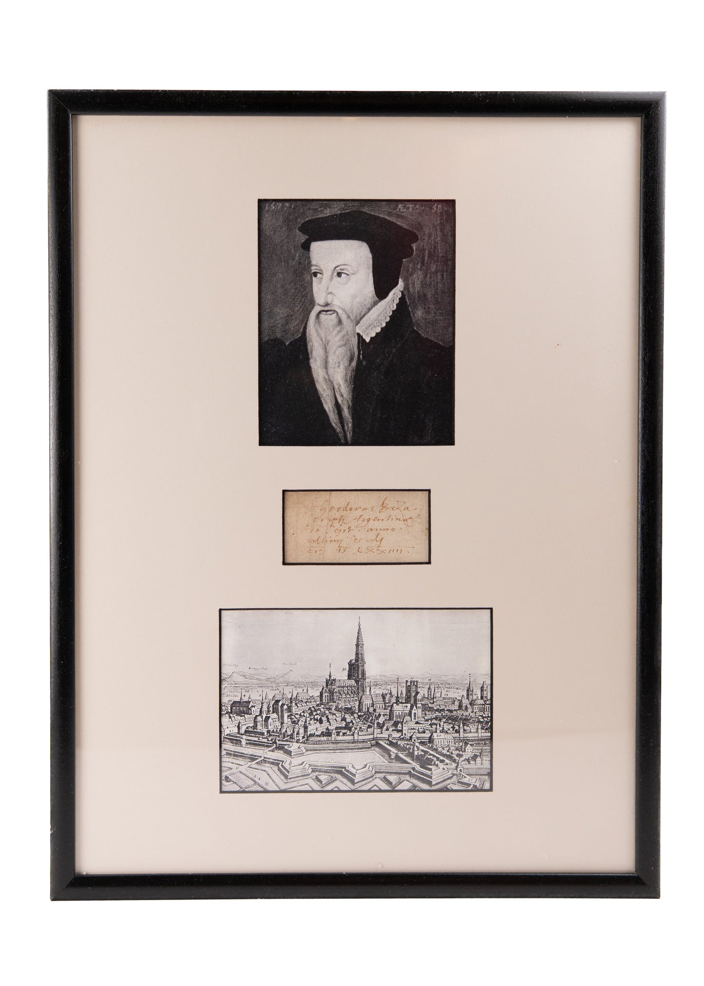 1574 THEODORE BEZA. Fine Autographed Inscription to the Suffering Reformation Protestants of Strasbourg