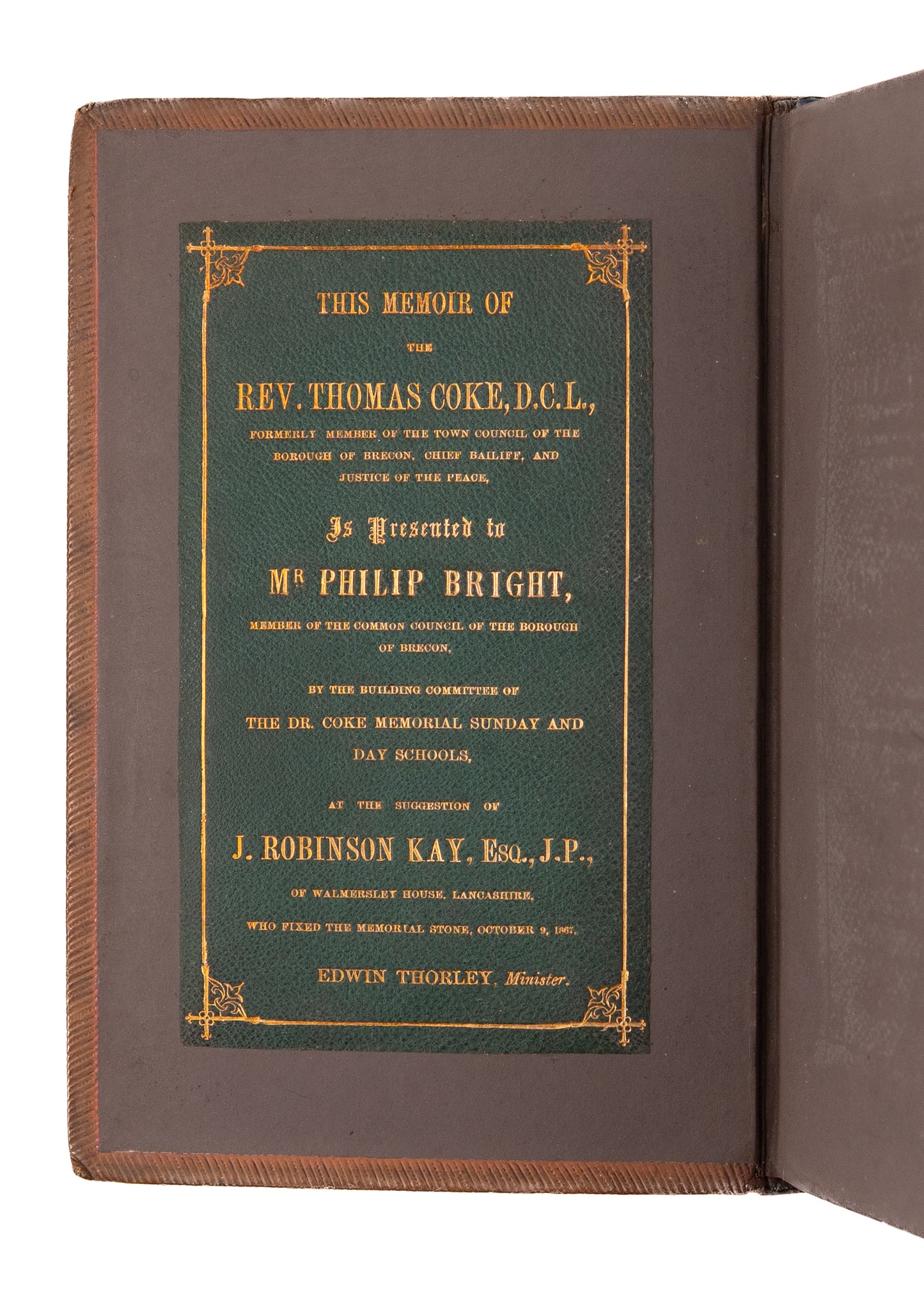 1860 THOMAS COKE. First Edition Methodist Biography in Fine Presentation Leather Binding.