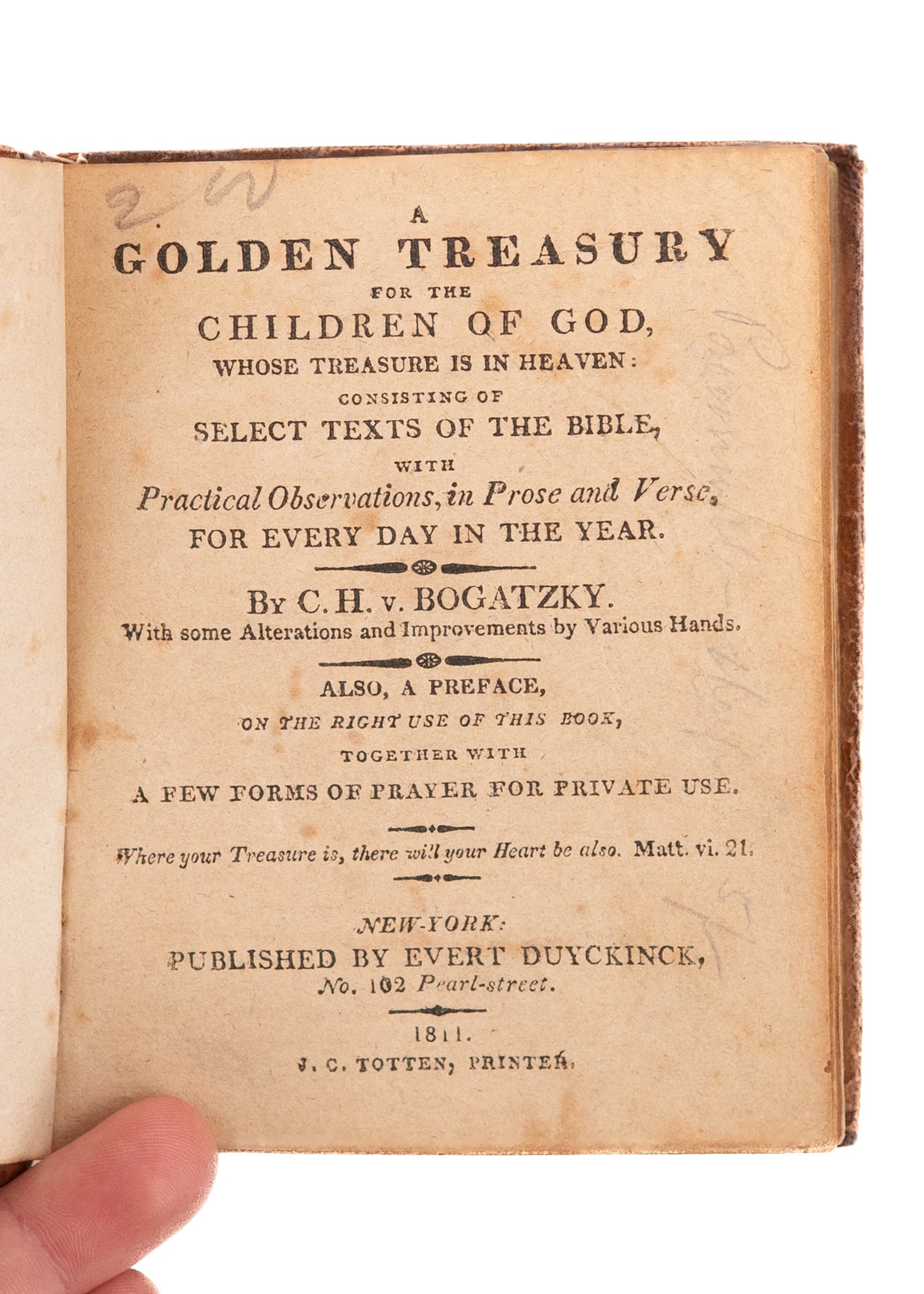 1811 C. H. V. BOGATZKY. Golden Treasury for the Children of God. American Imprint of German Pietist