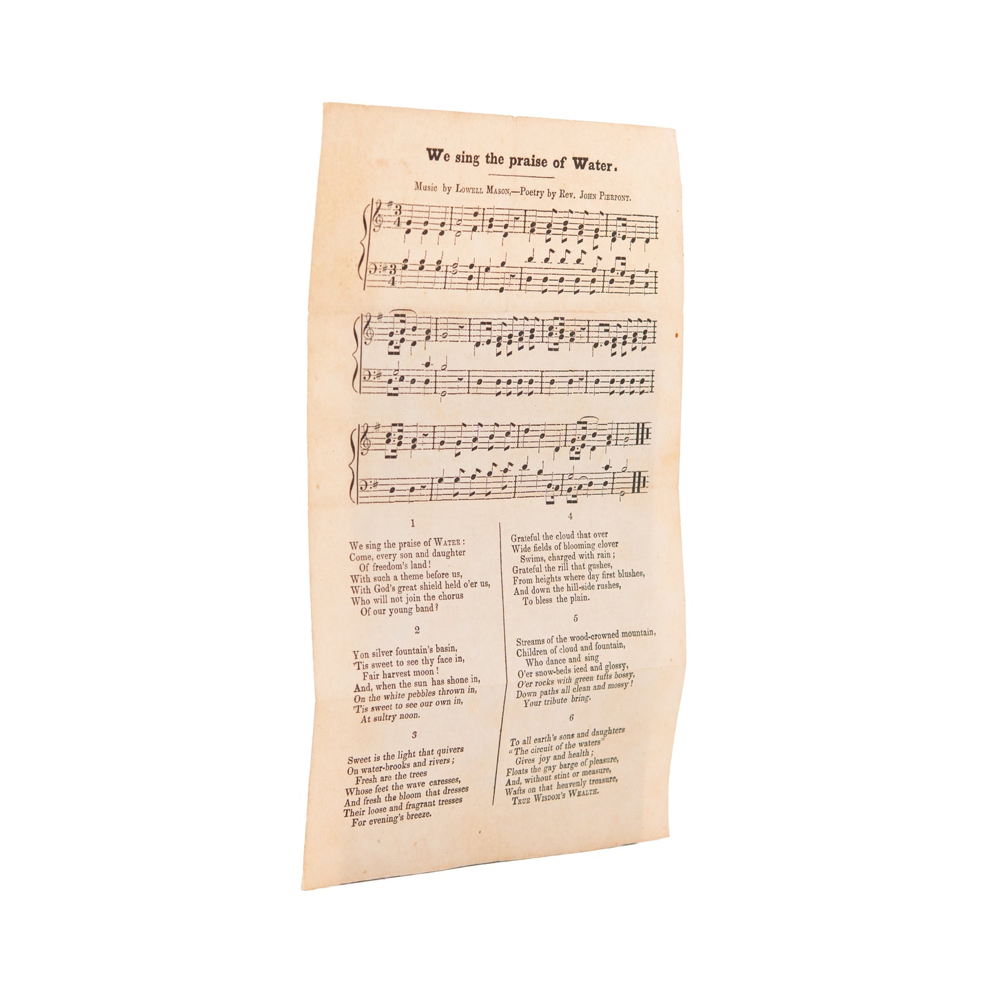 1842 TEMPERANCE. Broadside for John Pierpont's Water Cure / Temperance Hymn, We Sing the Praise of Water.