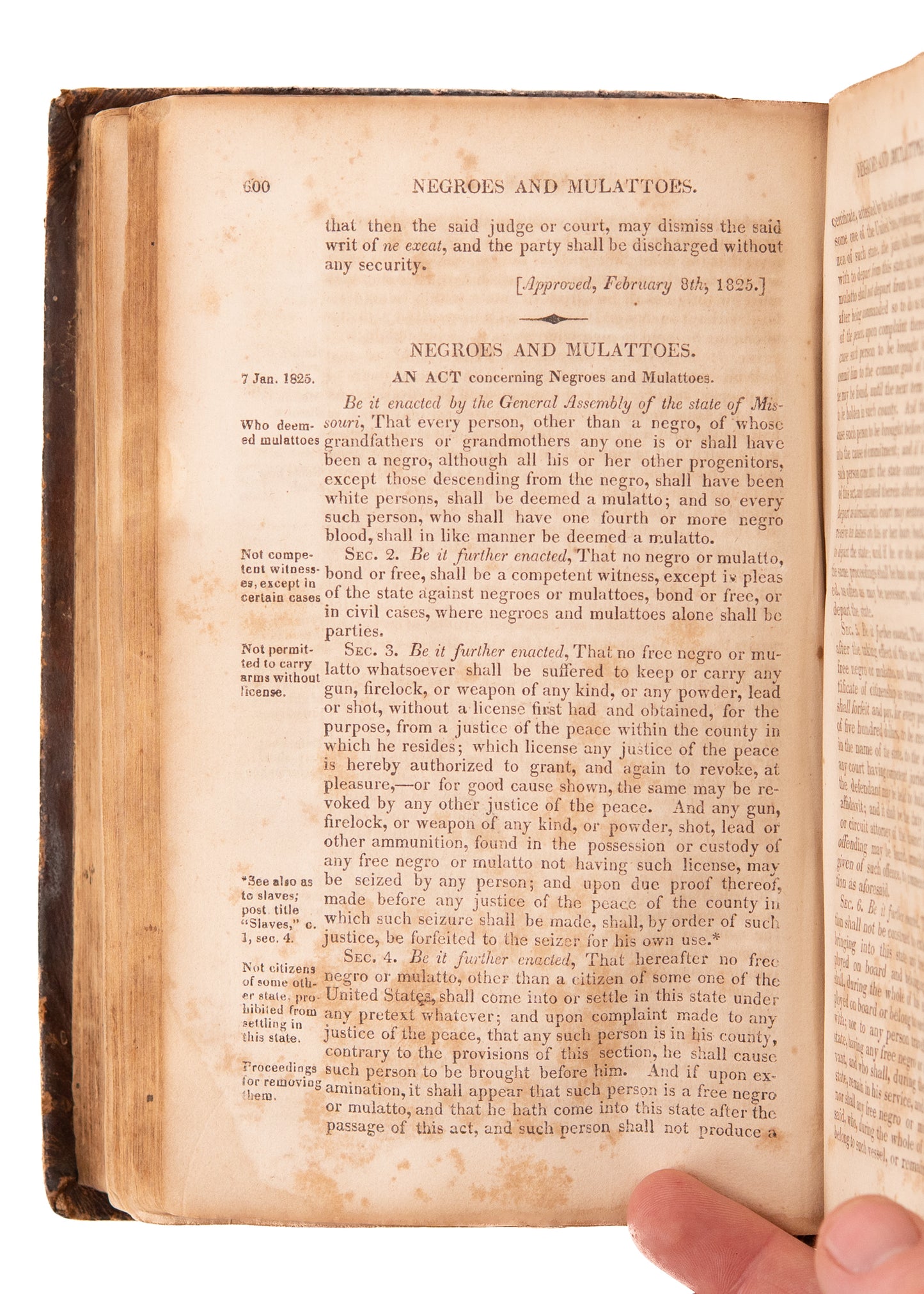 1825 MISSOURI SLAVE LAWS &c. First Edition of Laws of Missouri with Early Settler Provenance.