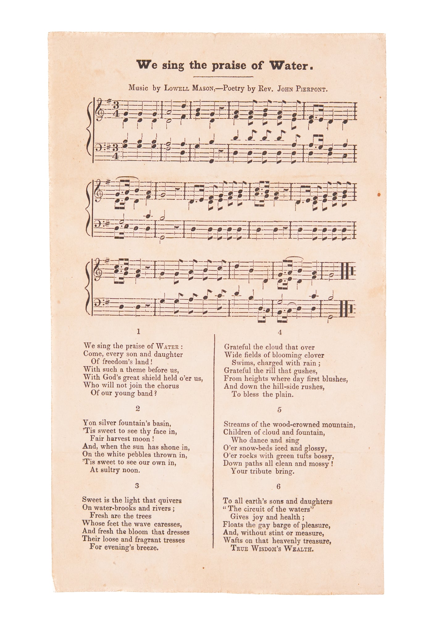 1842 TEMPERANCE. Broadside for John Pierpont's Water Cure / Temperance Hymn, We Sing the Praise of Water.