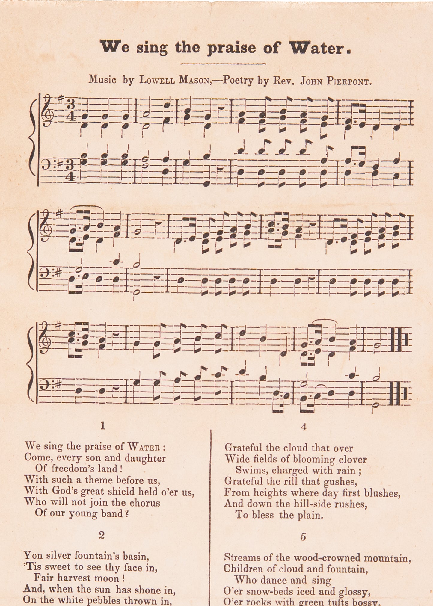 1842 TEMPERANCE. Broadside for John Pierpont's Water Cure / Temperance Hymn, We Sing the Praise of Water.
