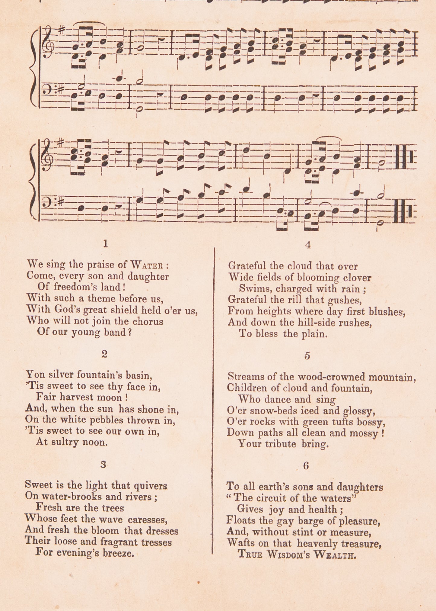 1842 TEMPERANCE. Broadside for John Pierpont's Water Cure / Temperance Hymn, We Sing the Praise of Water.