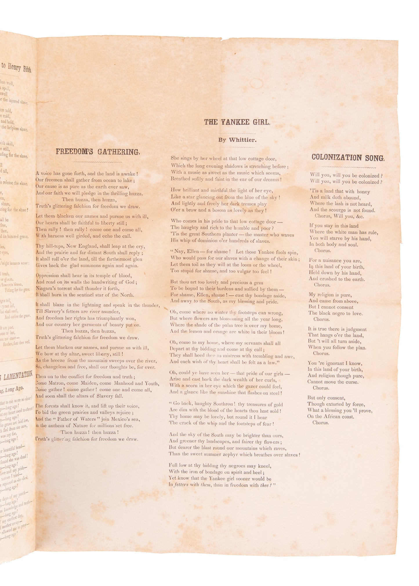 1844 ANTI-SLAVERY. Very Rare Broadside Song Sheet for 1840's Anti-Slavery Gathering.