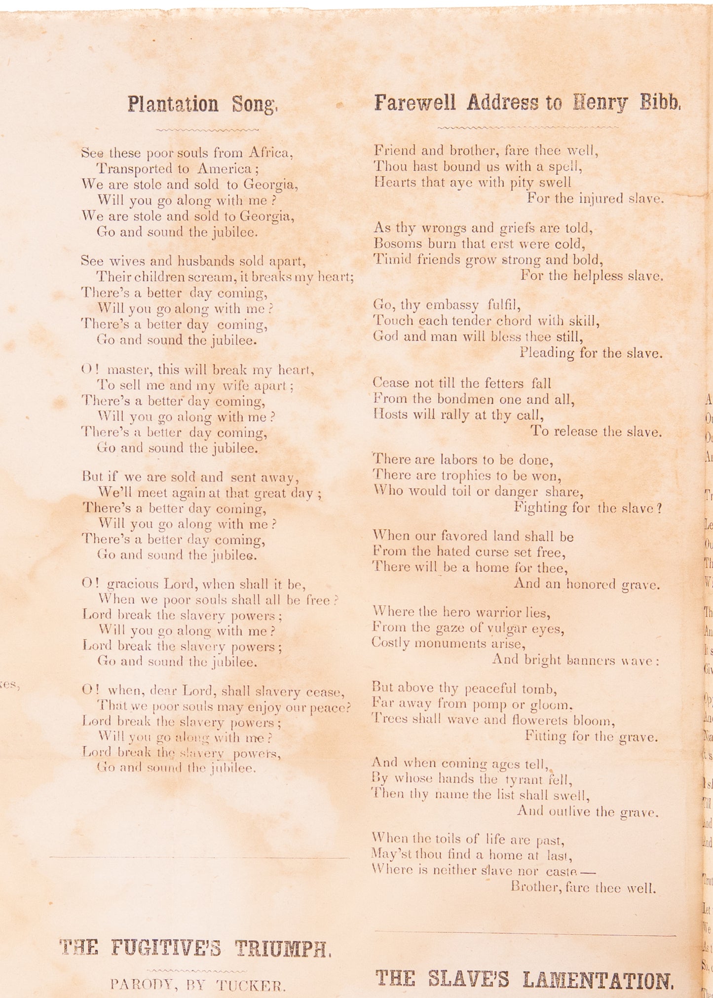 1844 ANTI-SLAVERY. Very Rare Broadside Song Sheet for 1840's Anti-Slavery Gathering.