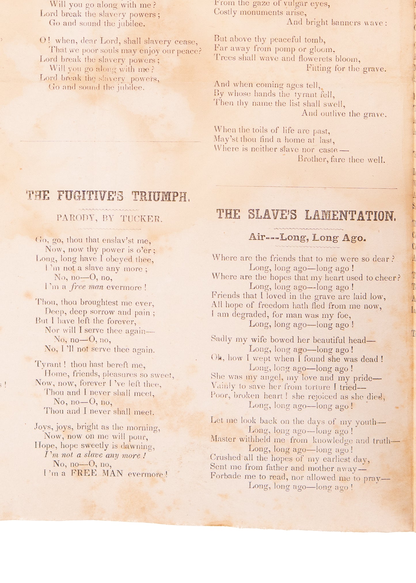 1844 ANTI-SLAVERY. Very Rare Broadside Song Sheet for 1840's Anti-Slavery Gathering.