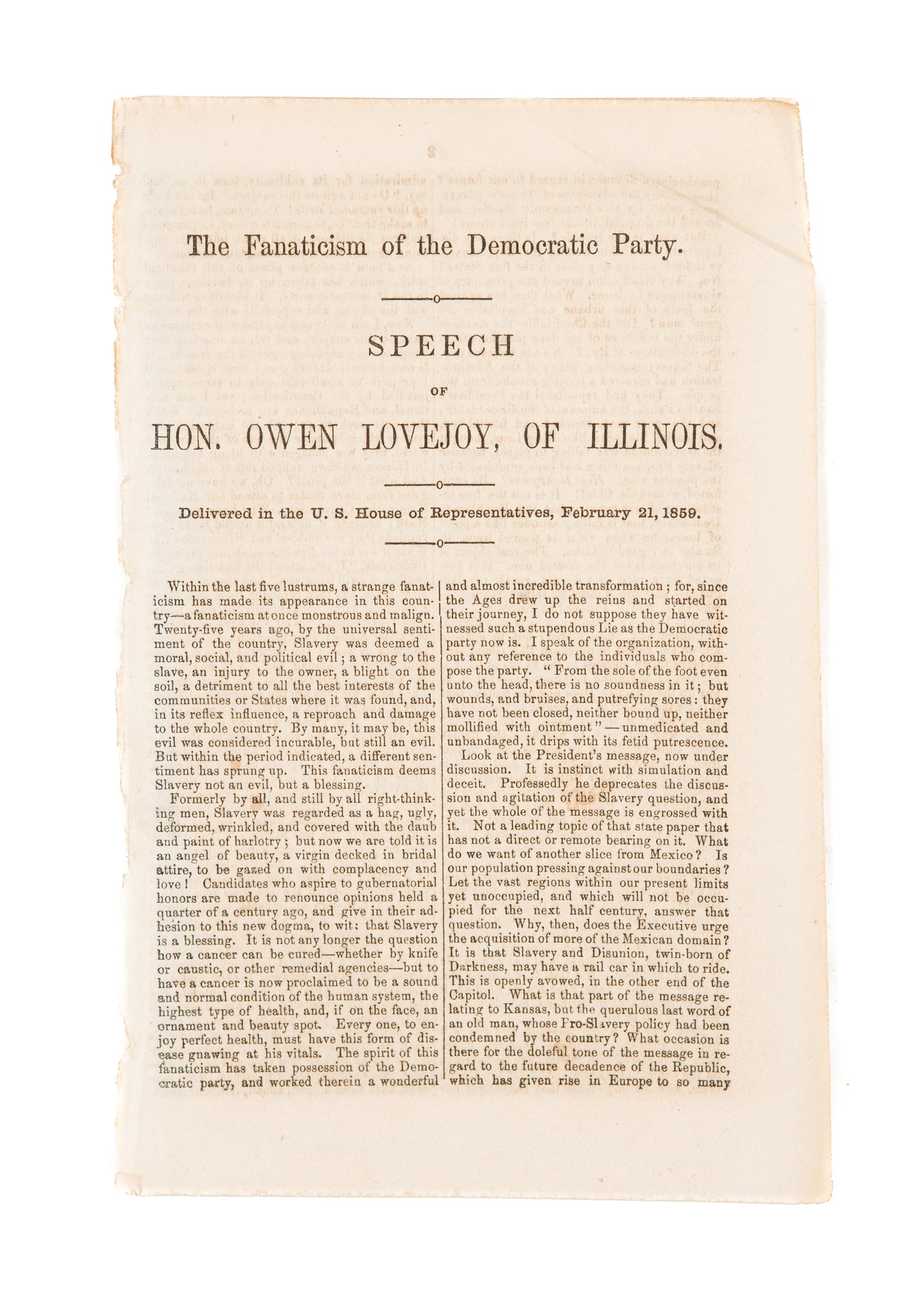 1860 OWEN LOVEJOY. The Fanaticism of the Democratic Party. Brother of Abolitionist Martyr, Elijah P. Lovejoy.