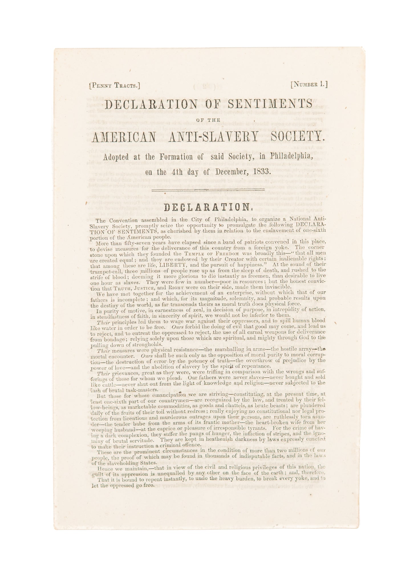 1833 WILLIAM LLOYD GARRISON. Declaration of Sentiments of the American Anti-Slavery Society. 1st Issue. Scarce.