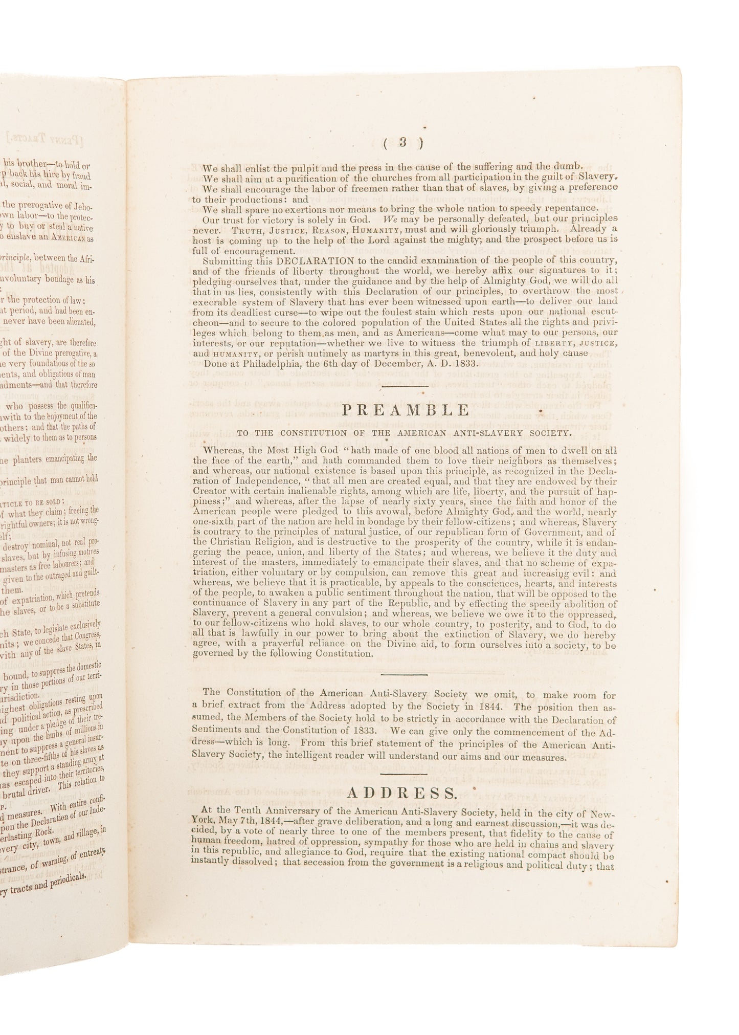 1833 WILLIAM LLOYD GARRISON. Declaration of Sentiments of the American Anti-Slavery Society. 1st Issue. Scarce.