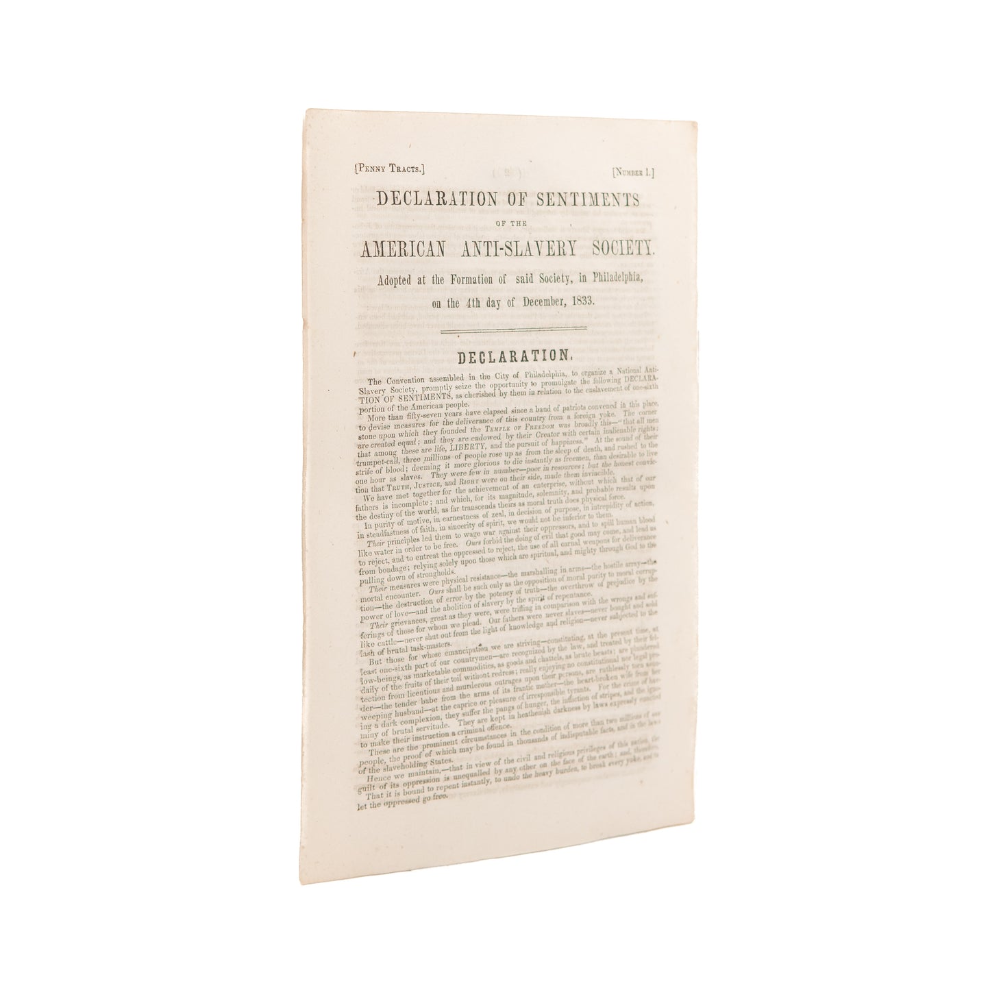 1833 WILLIAM LLOYD GARRISON. Declaration of Sentiments of the American Anti-Slavery Society. 1st Issue. Scarce.