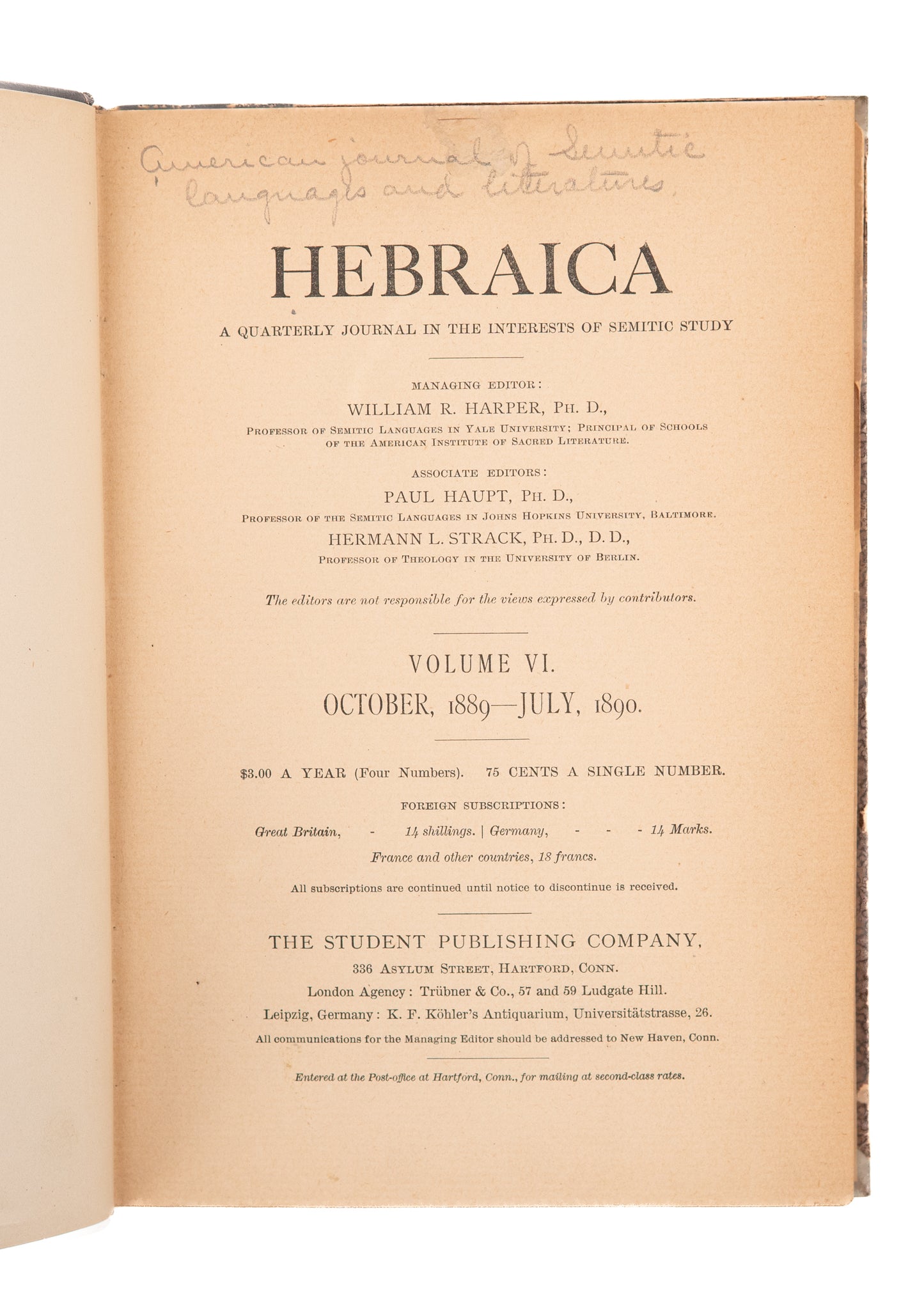 1889-1893 HEBRAICA. First Academic Journal Dedicated to Hebrew & Semitic Studies in America.