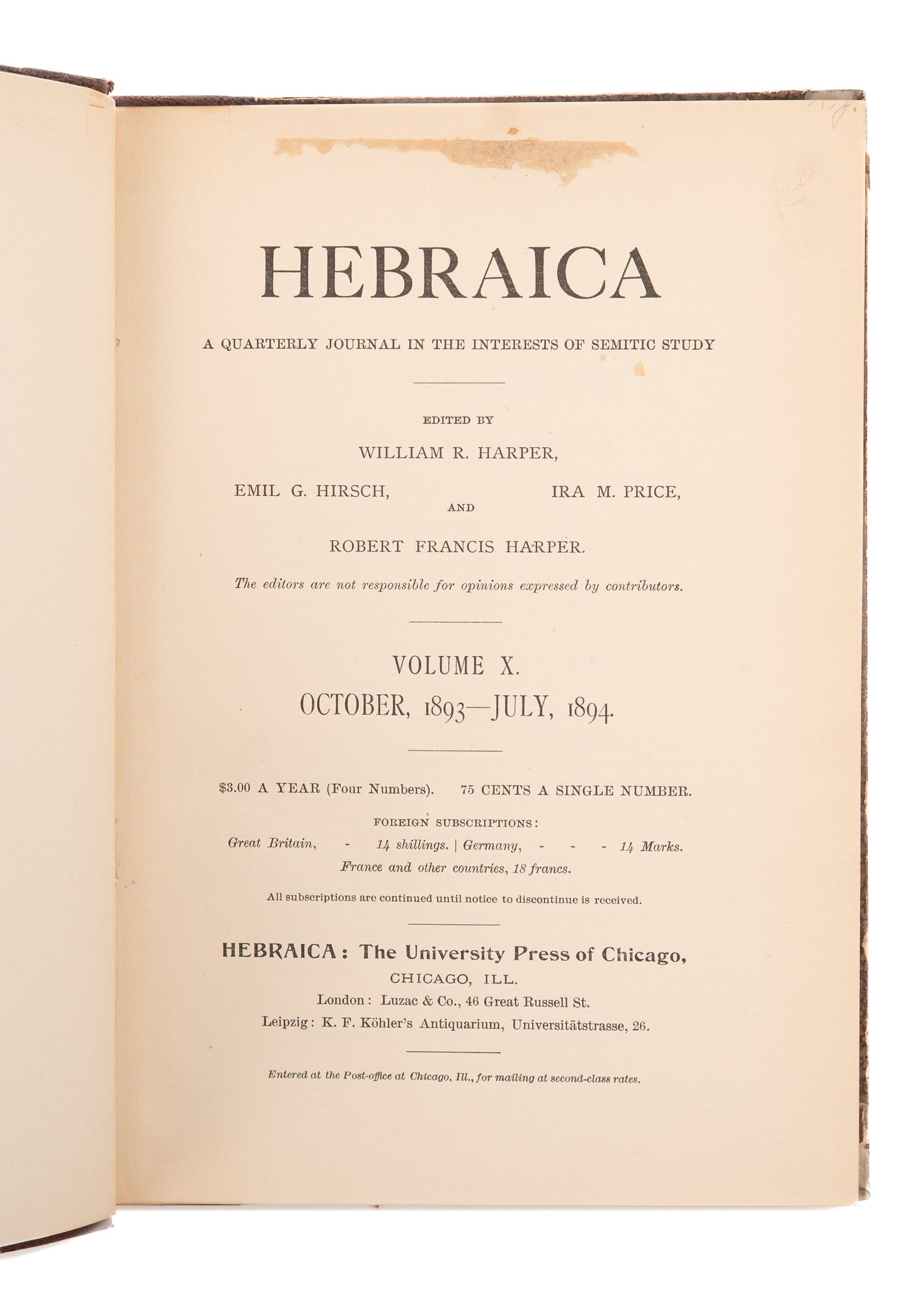 1889-1893 HEBRAICA. First Academic Journal Dedicated to Hebrew & Semitic Studies in America.