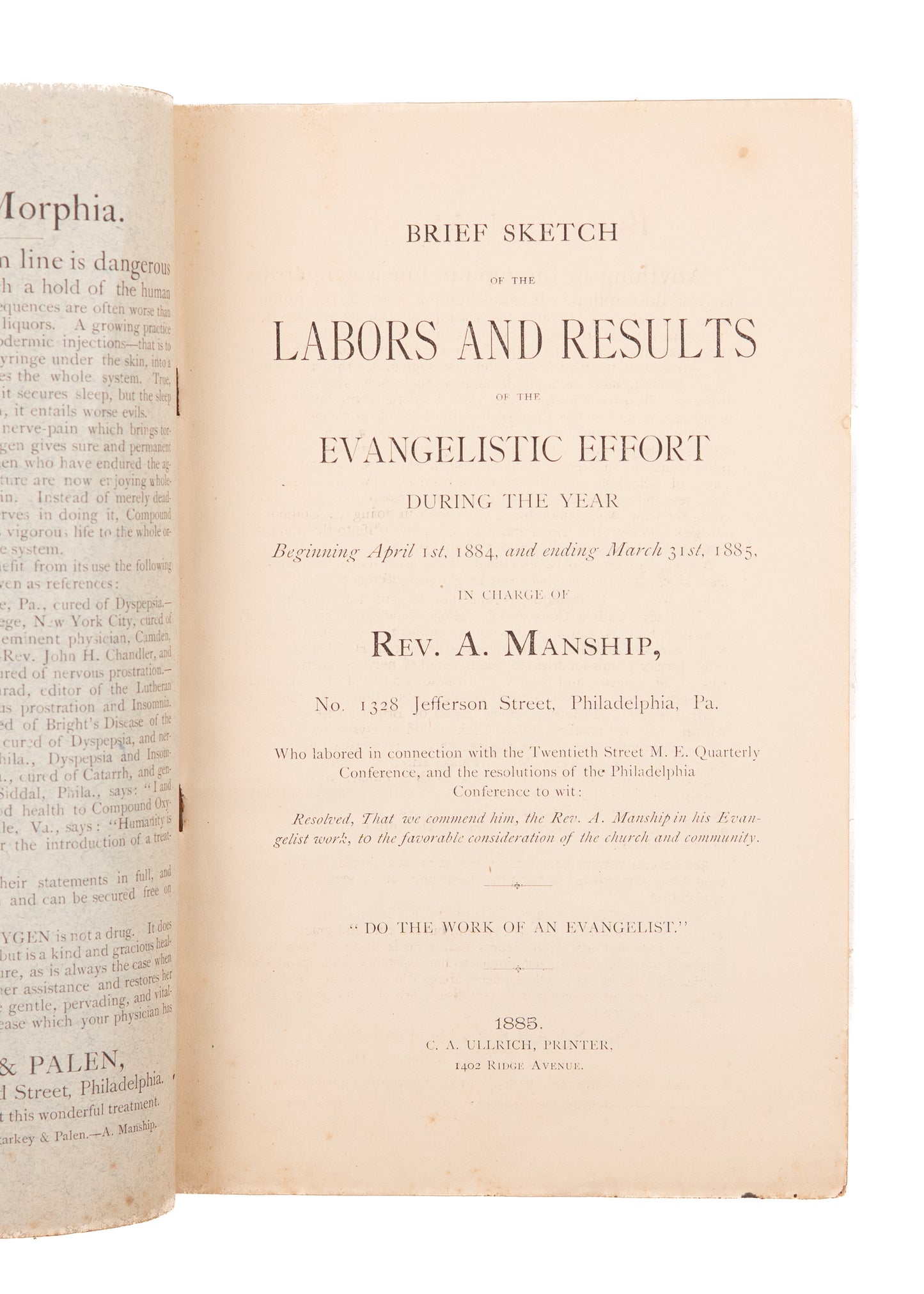 1885 ANDREW MANSHIP. Brief Sketch of the Labors of the Gospel Tent Association. Very Scarce.