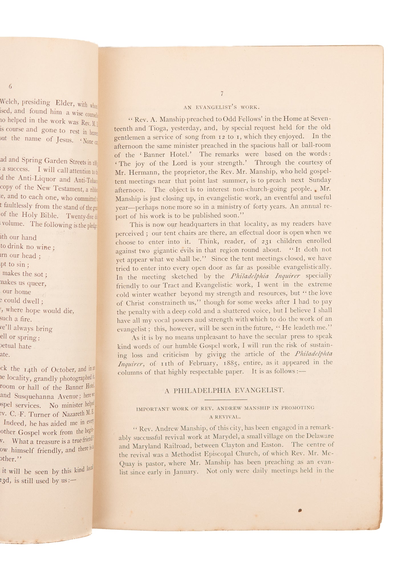 1885 ANDREW MANSHIP. Brief Sketch of the Labors of the Gospel Tent Association. Very Scarce.