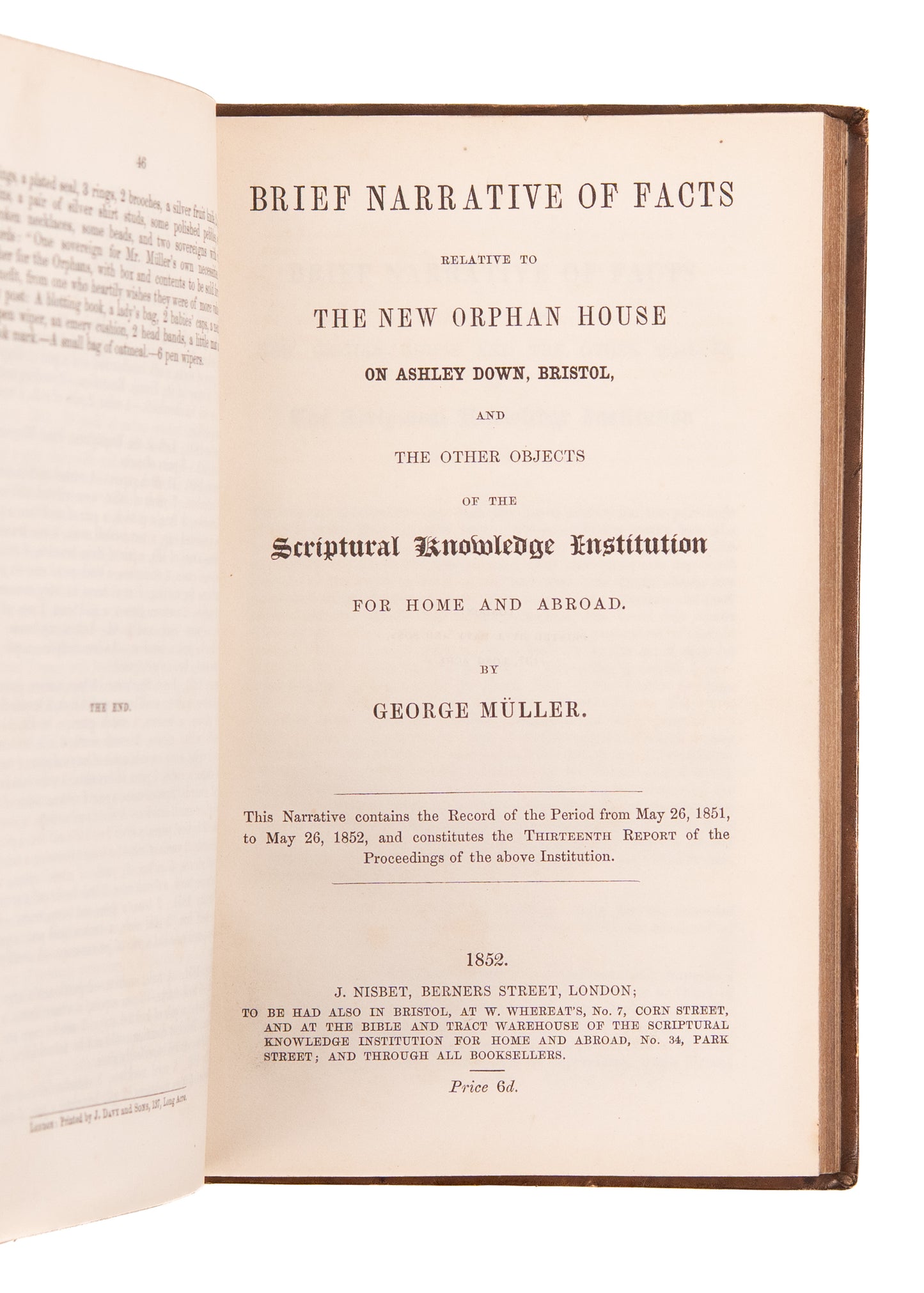 1850-1855 GEORGE MULLER. Six Finely Preserved Annual Reports for Ashley Down Orphanage.