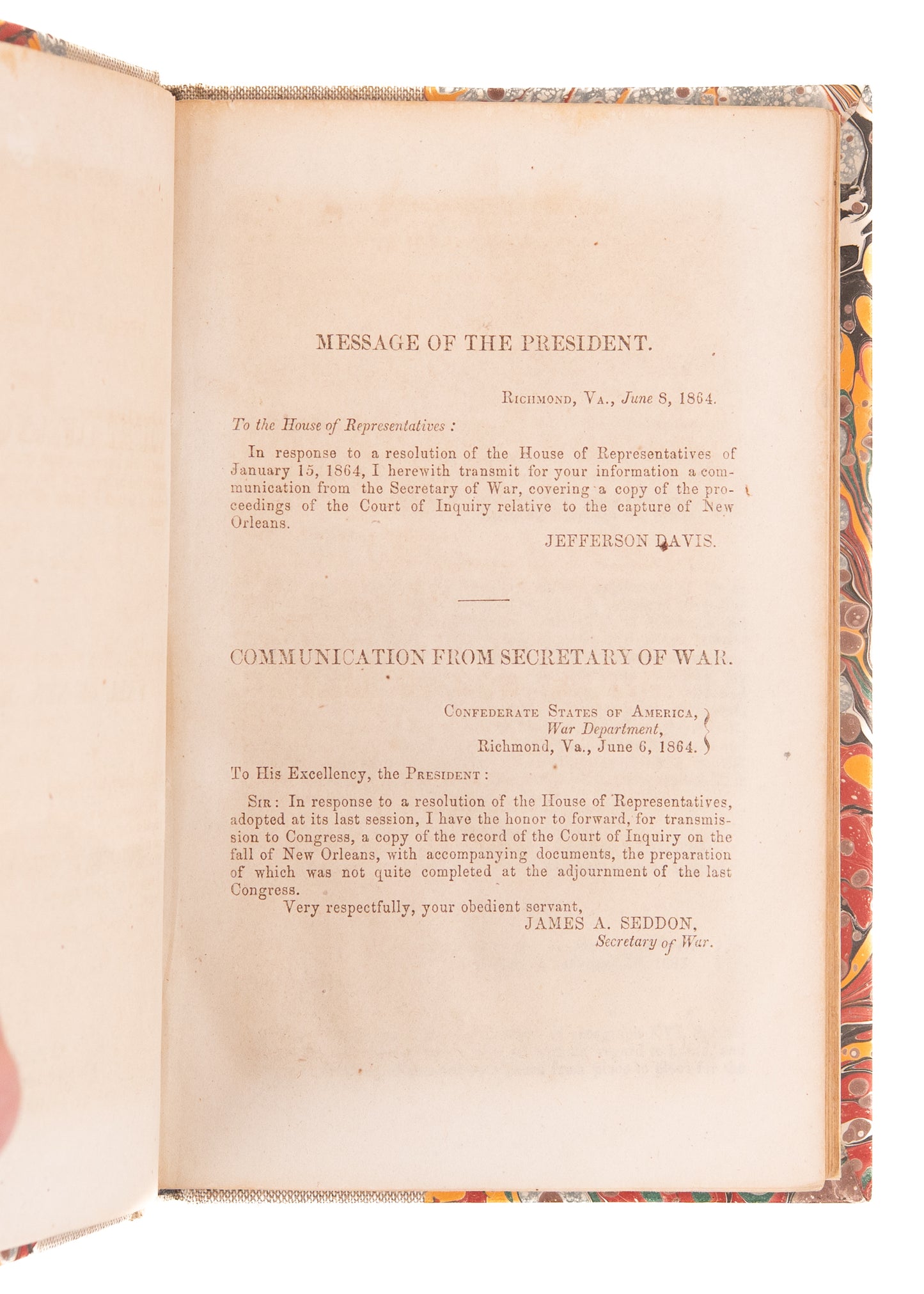 1864 CONFEDERATE IMPRINT. The Fall of New Orleans - A Court of Inquiry - Jefferson Davis Intro.