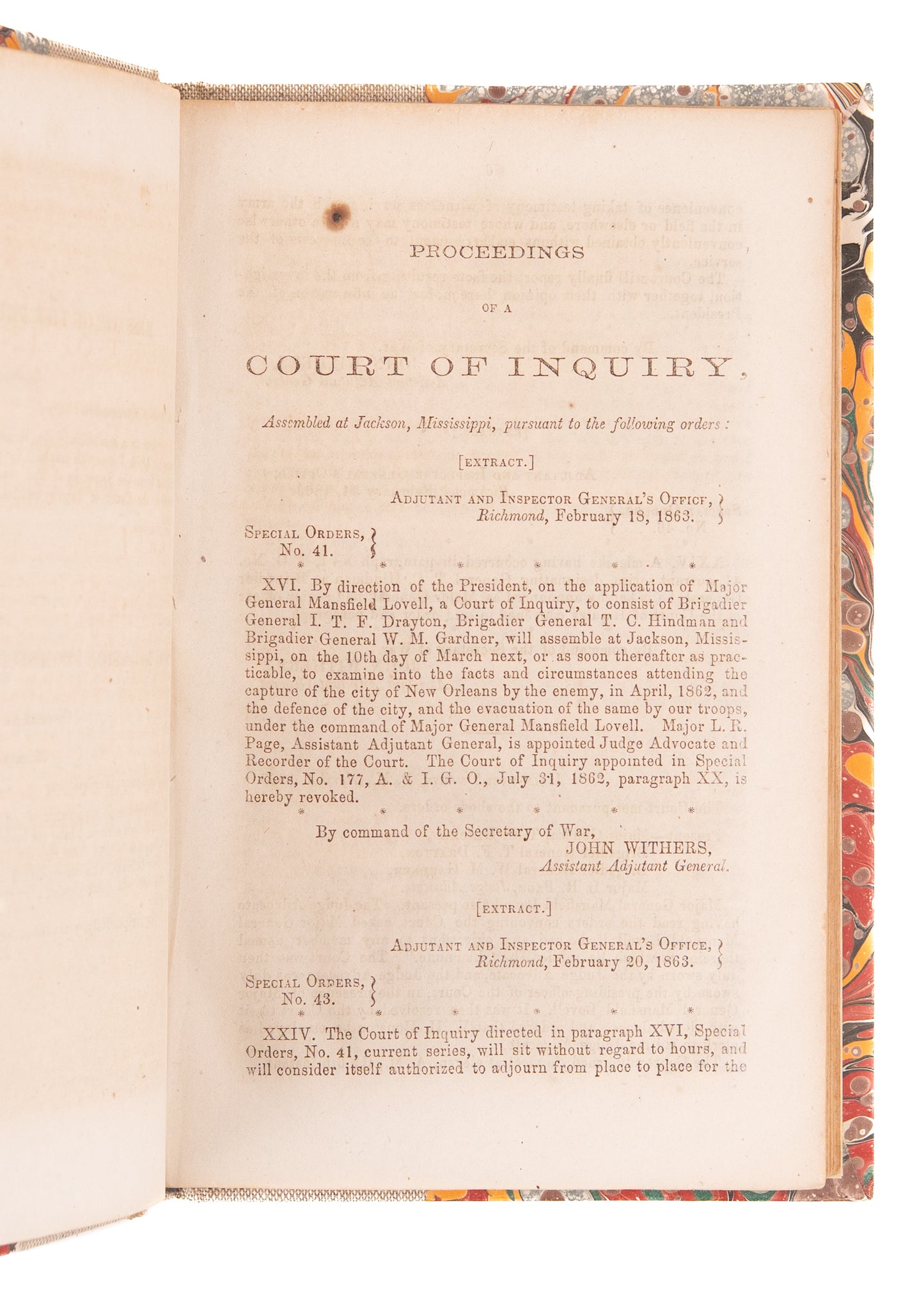 1864 CONFEDERATE IMPRINT. The Fall of New Orleans - A Court of Inquiry - Jefferson Davis Intro.