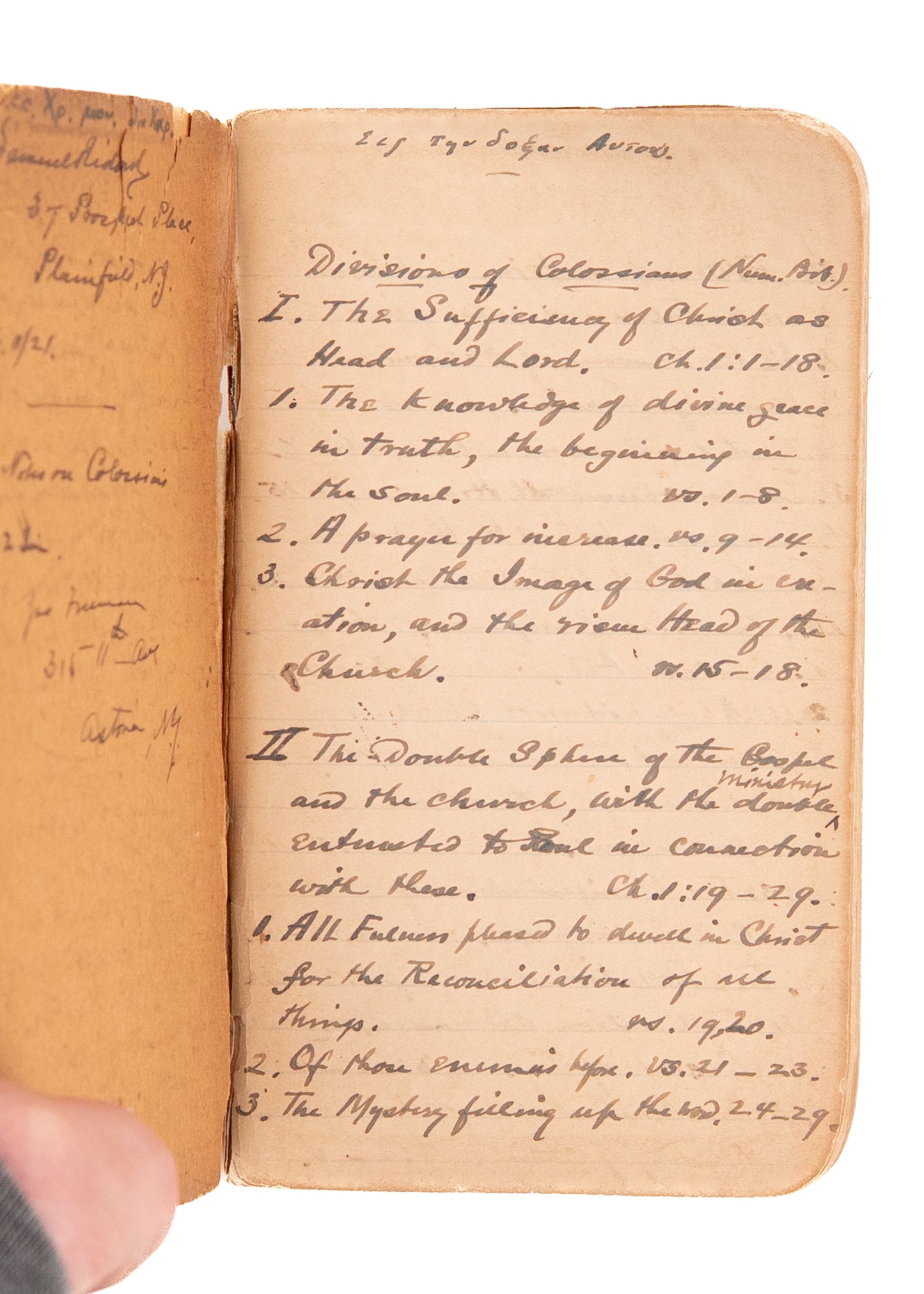 1921 SAMUEL RIDOUT. 114pp Unpublished MSs. Notes on Colossians, New Covenant, Key Words in Greek, &c.