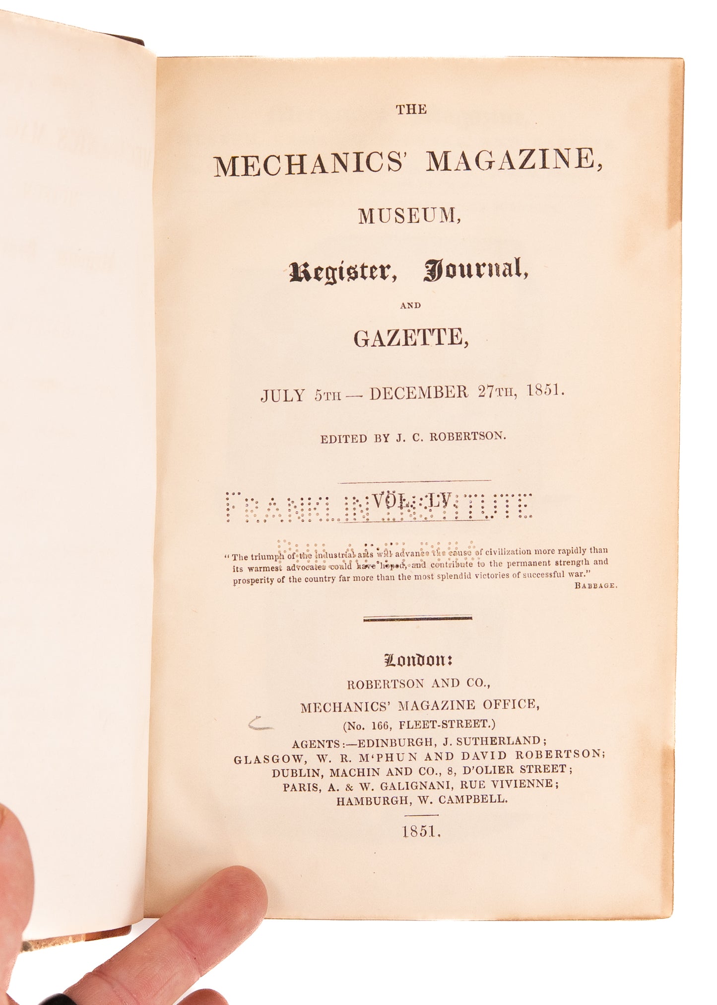 1851 THE MECHANICS MAGAZINE. Patent Law, Daguerrotypes, Rifles, Harpoons, Liquid Dynamics &c.